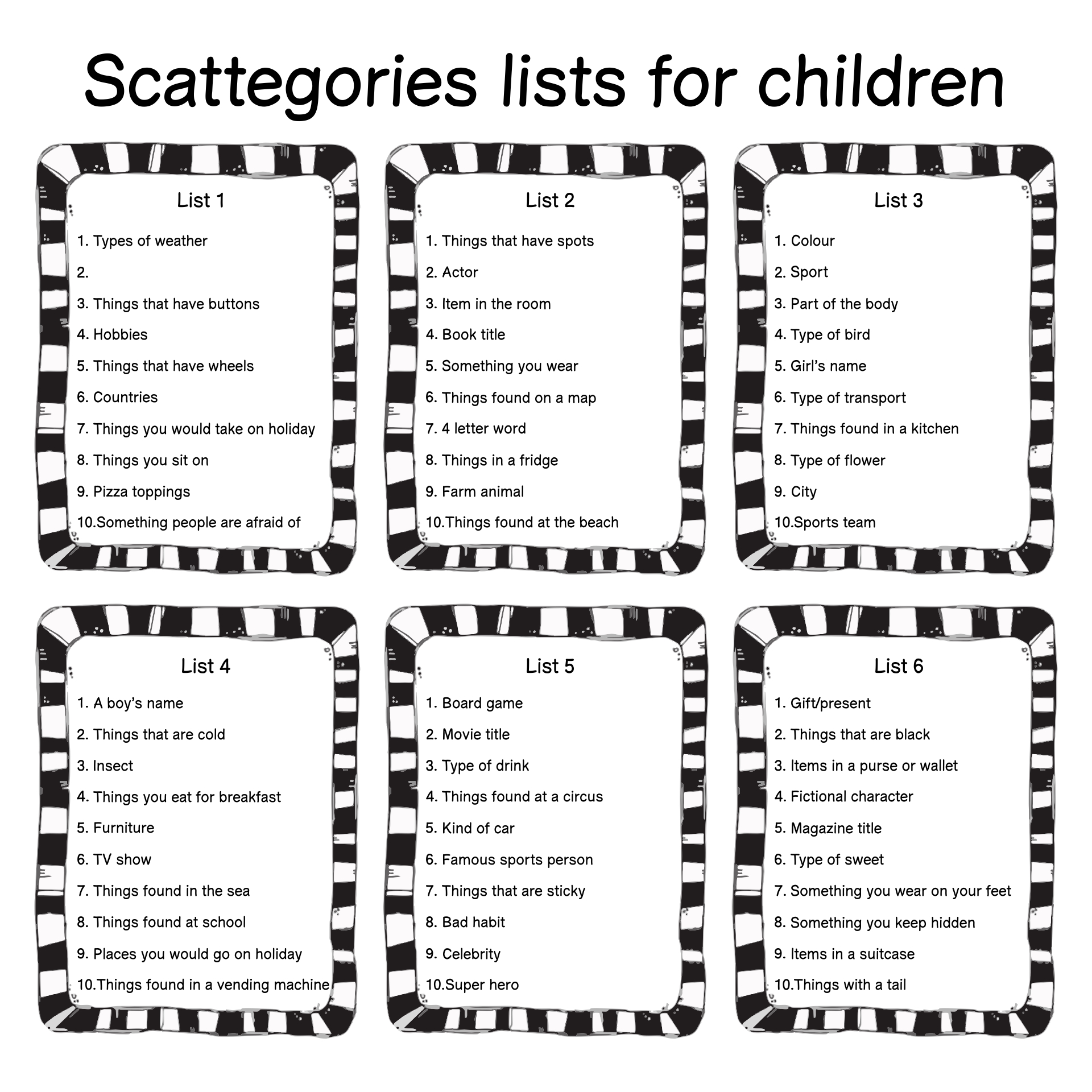 Printable Scattergories Sheets