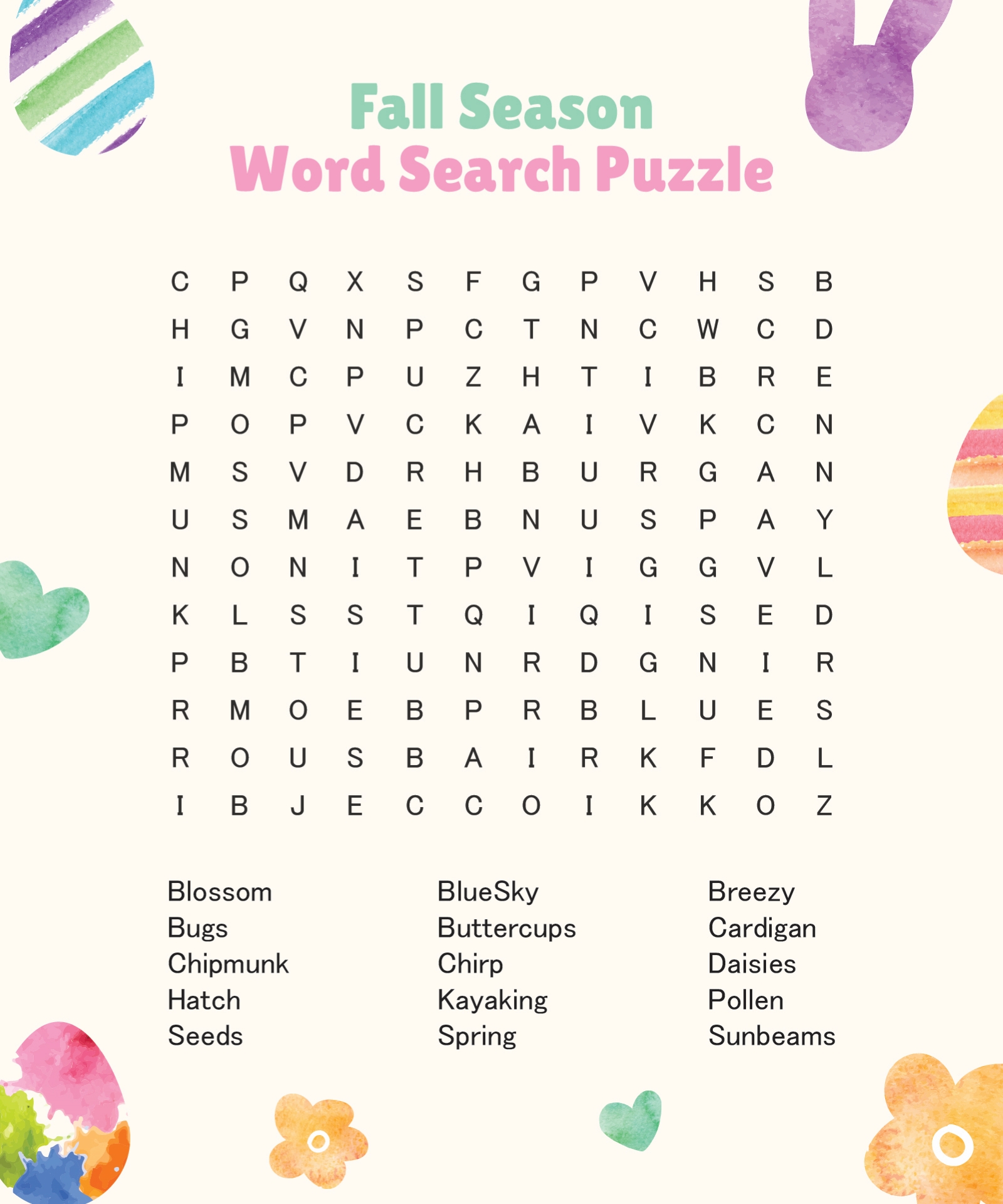 Printable Spring Worksheets and Word Search Puzzle