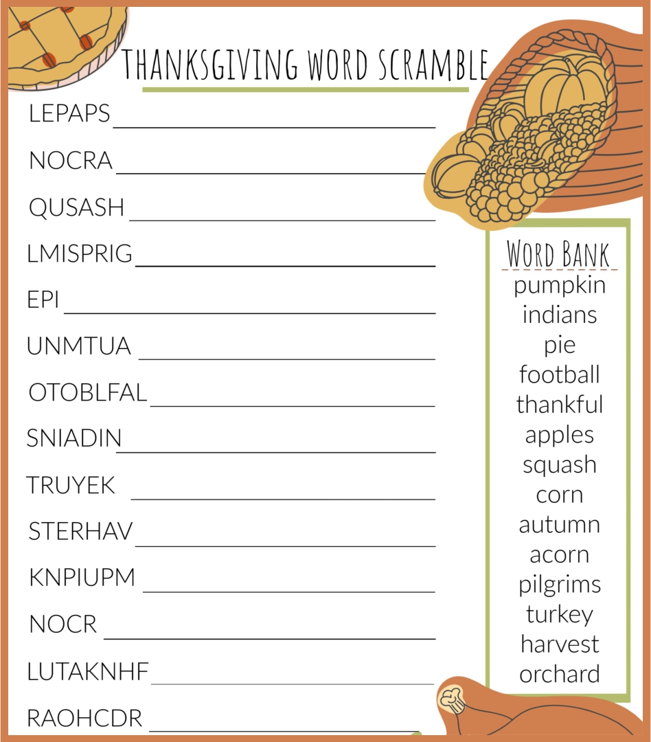 Thanksgiving Word Scramble for Kids