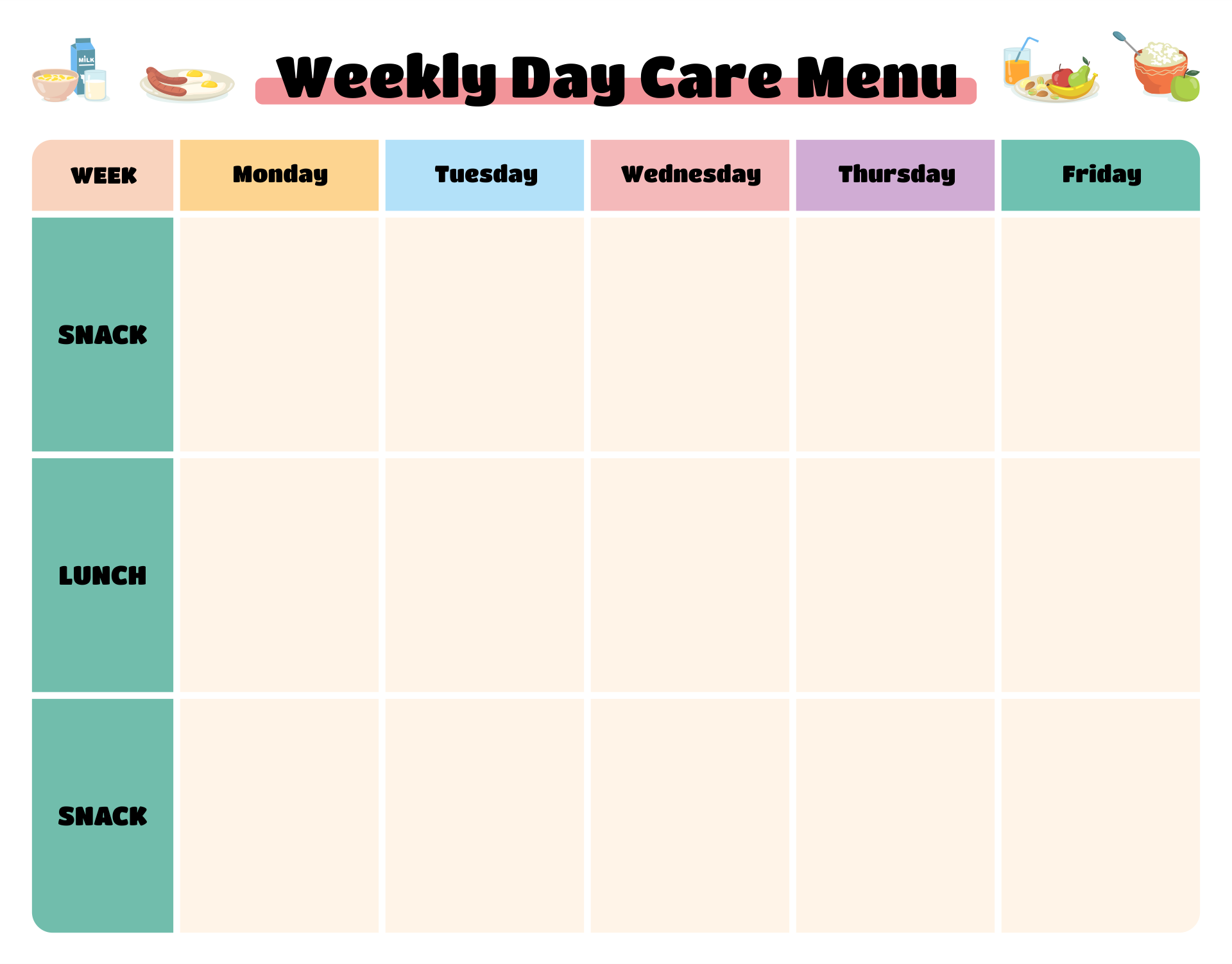 Weekly Day Care Menu Template