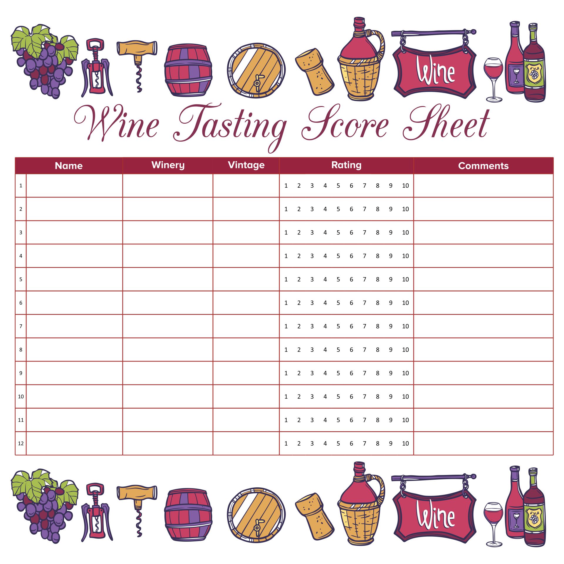 Wine Tasting Score Sheets Printable