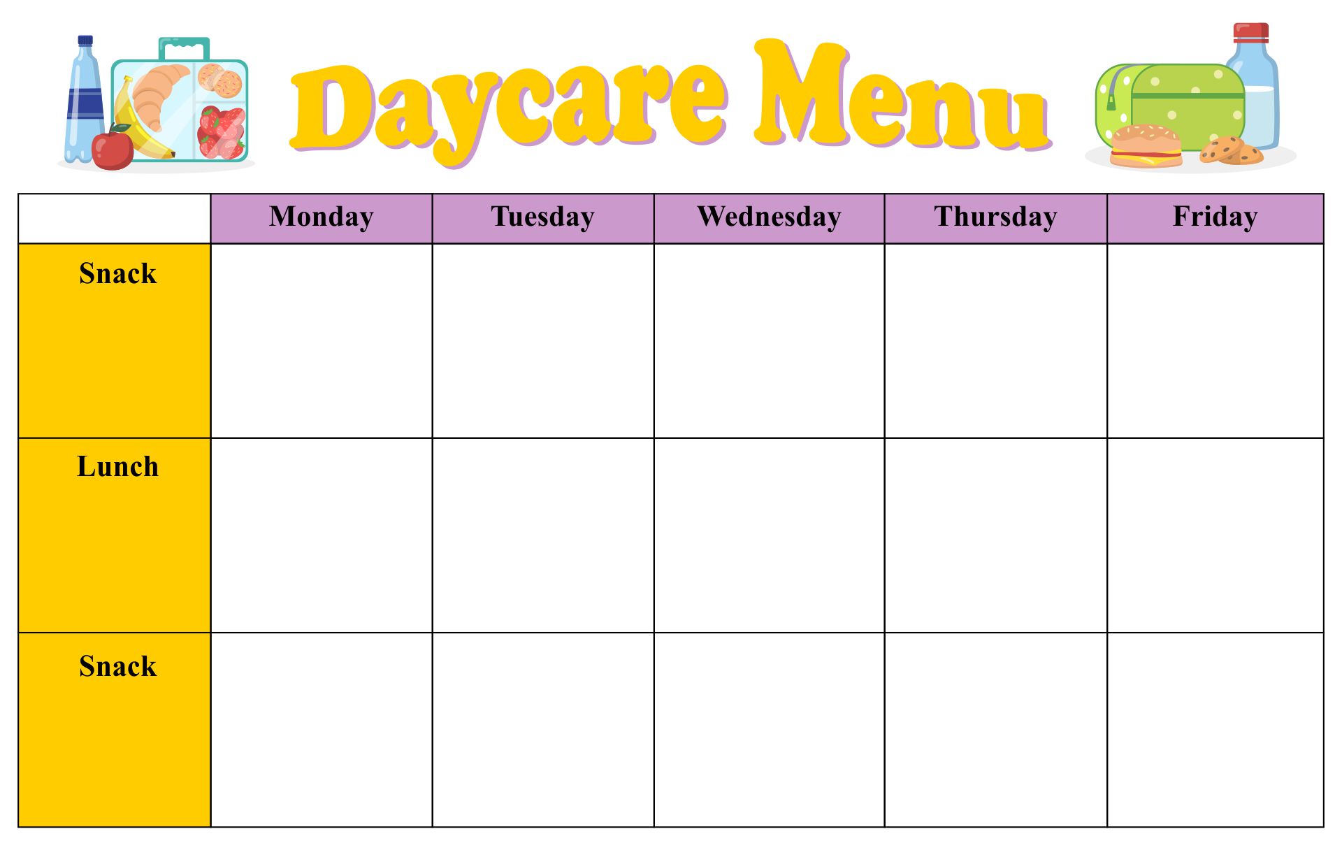 Printable Weekly Menu Template For Daycare