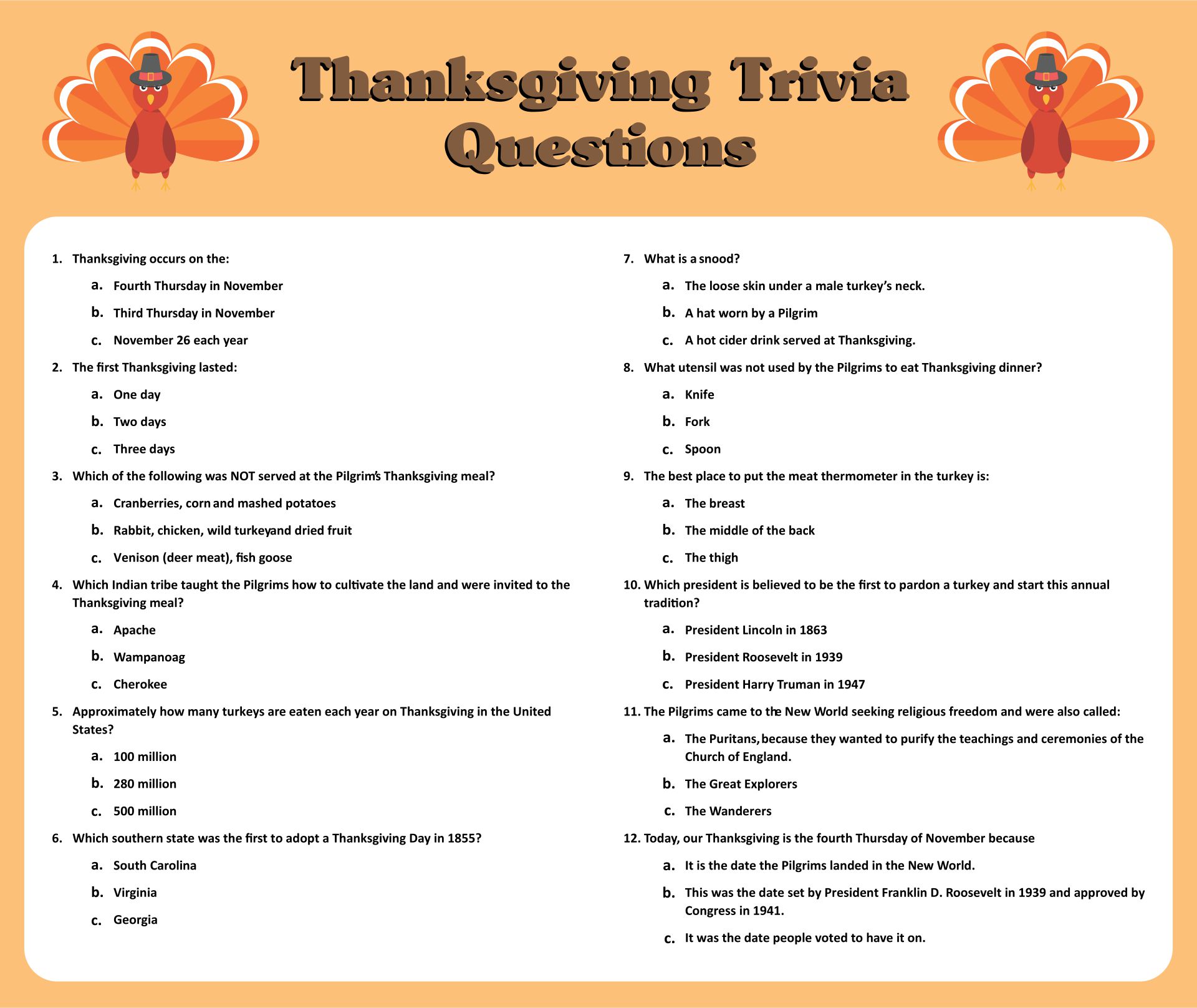  Printable Thanksgiving Quizzes