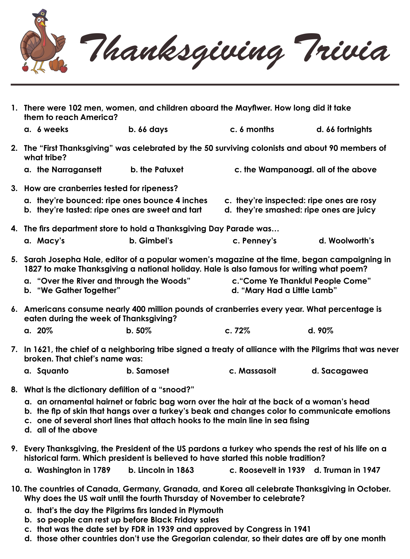 Thanksgiving Quizzes - 10 Free PDF Printables | Printablee