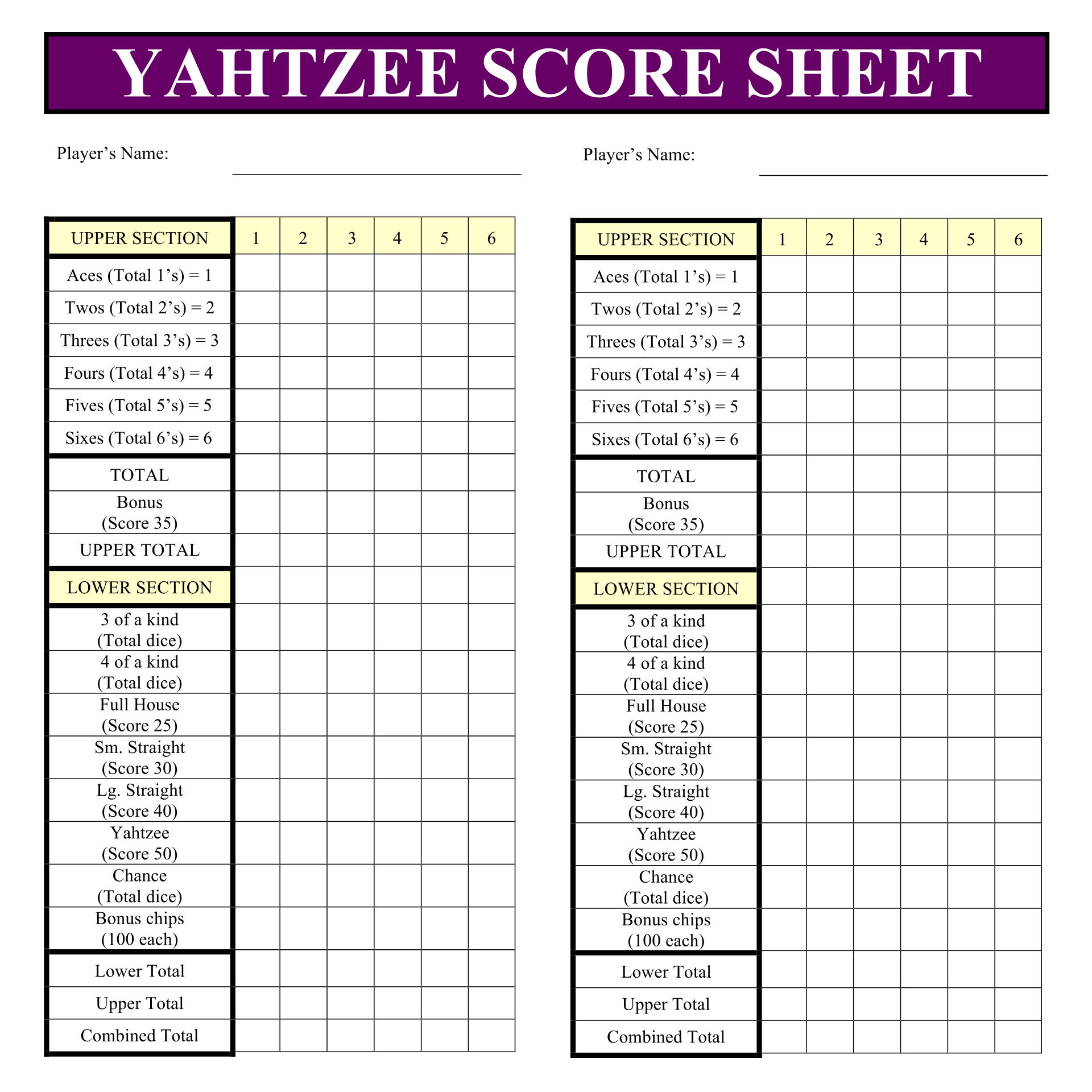 Yahtzee Score Sheet Printable Free