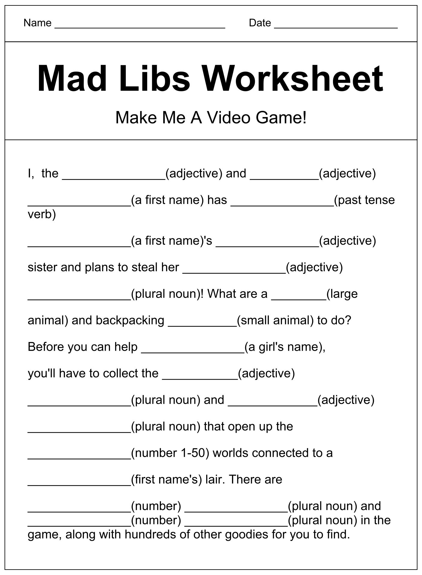 Funny Printable Mad Libs