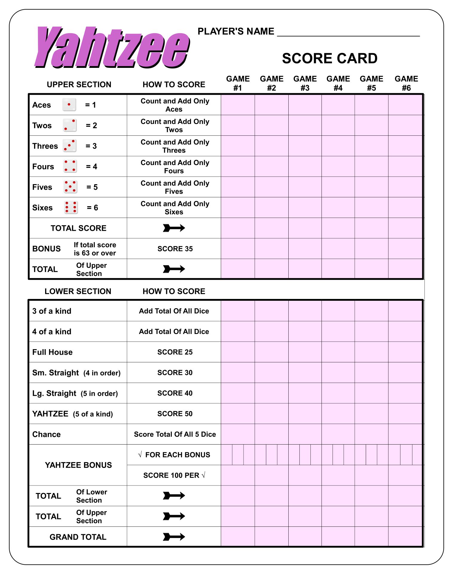 Printable Sheet Yahtzee Score Card