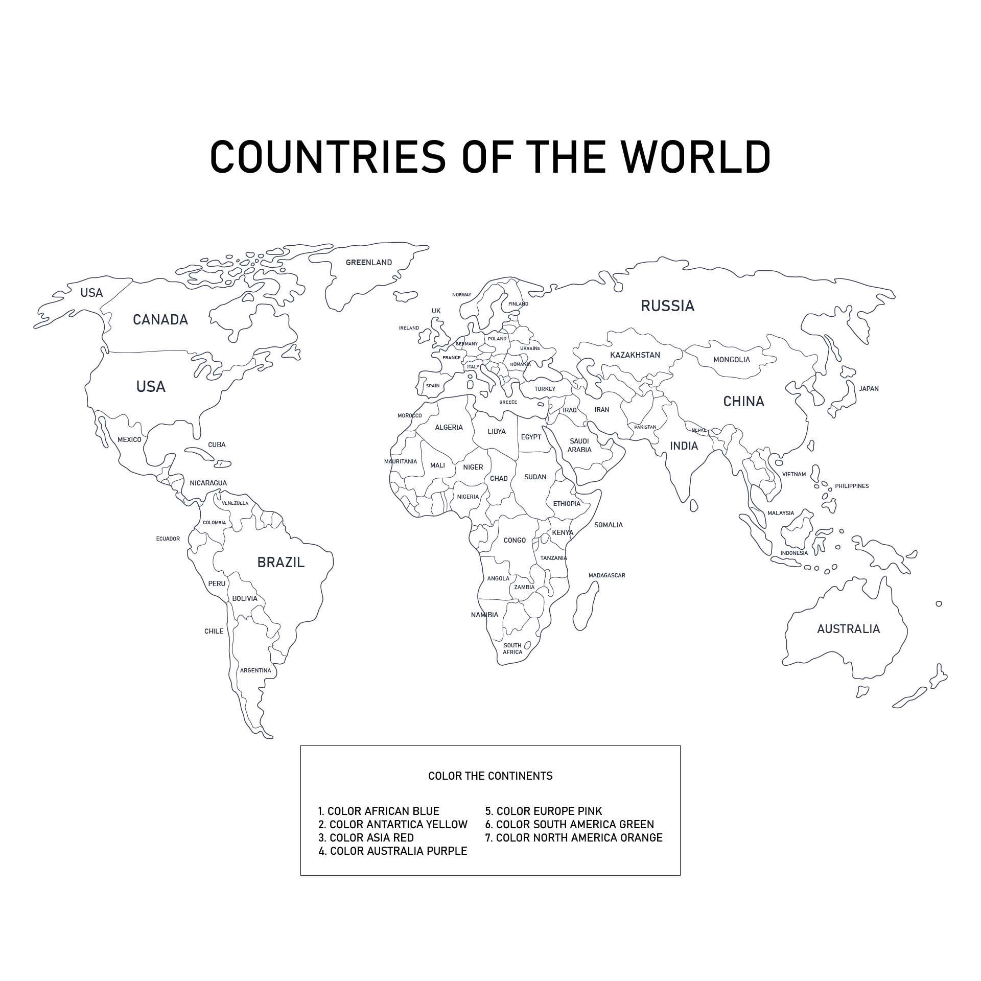 World Map with Countries Worksheet