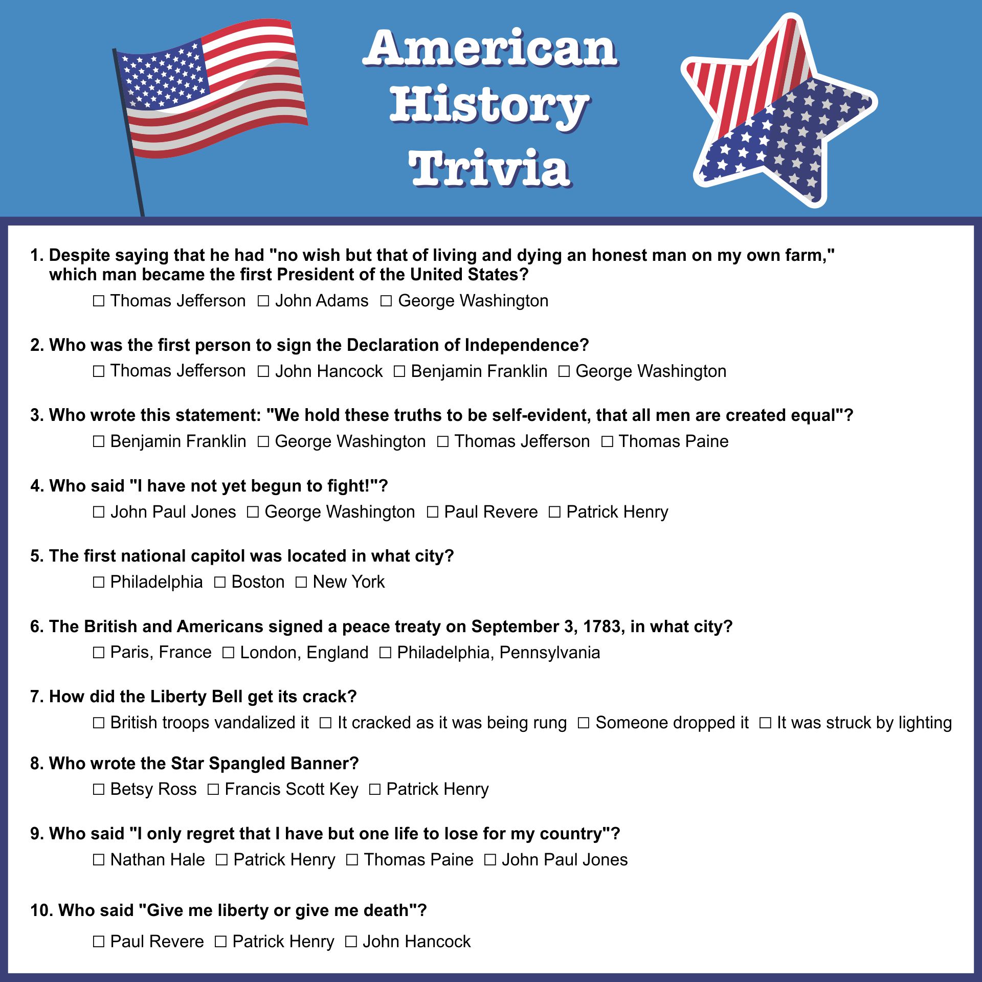 American History Trivia Printable