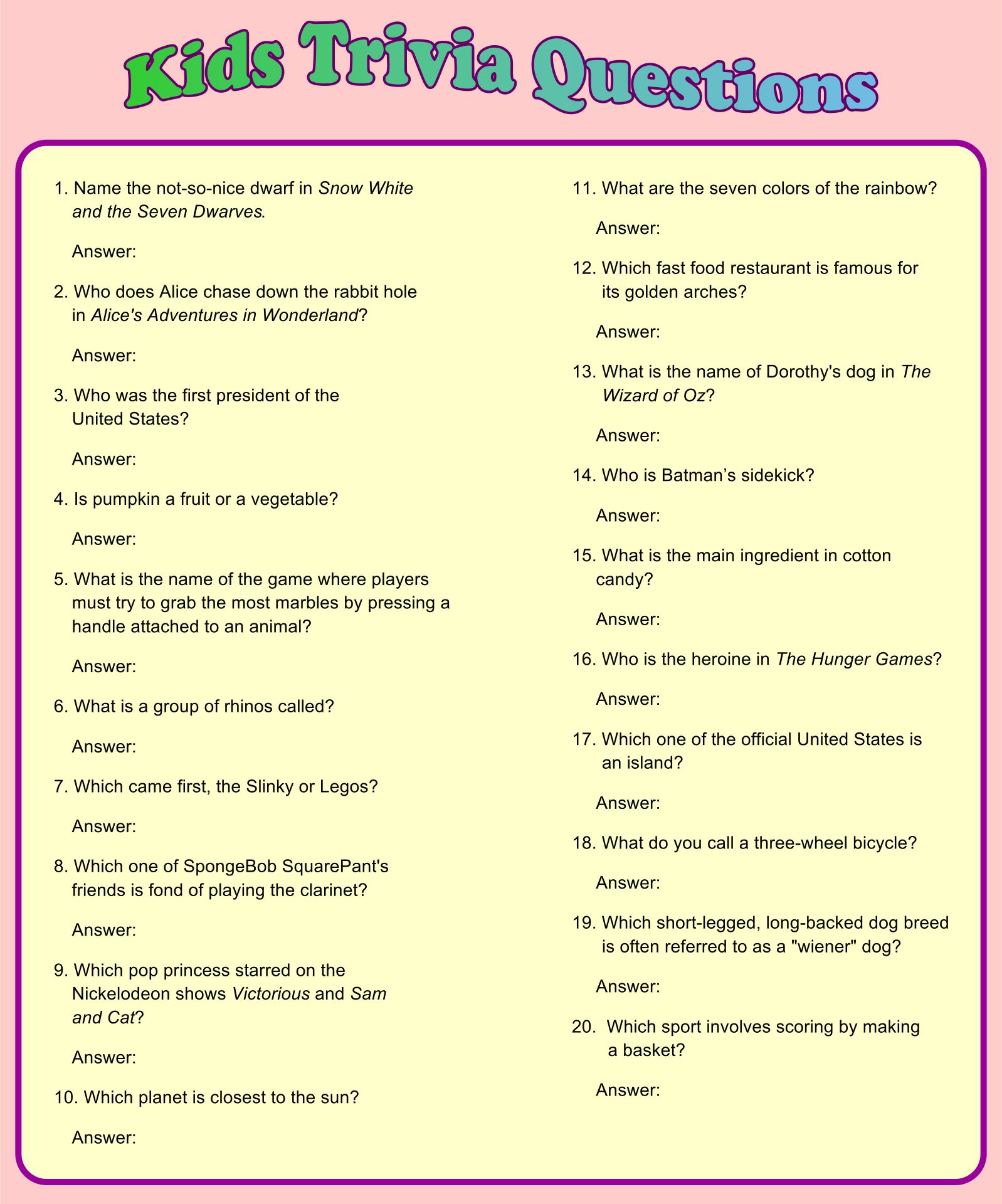 100 Easy Trivia Questions Answers For Talented Kids Printable Trivia Qq