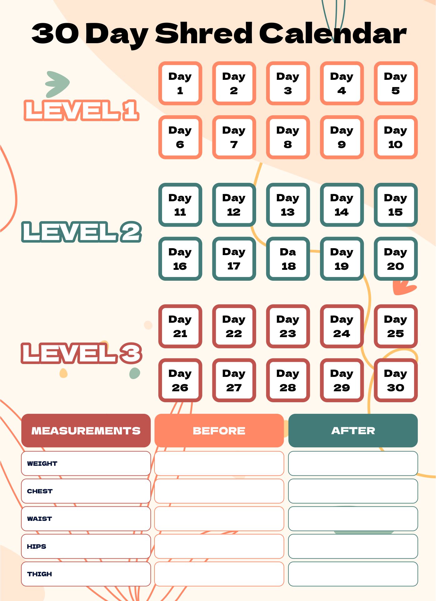 30 Day Shred Printable Calendar Pdf