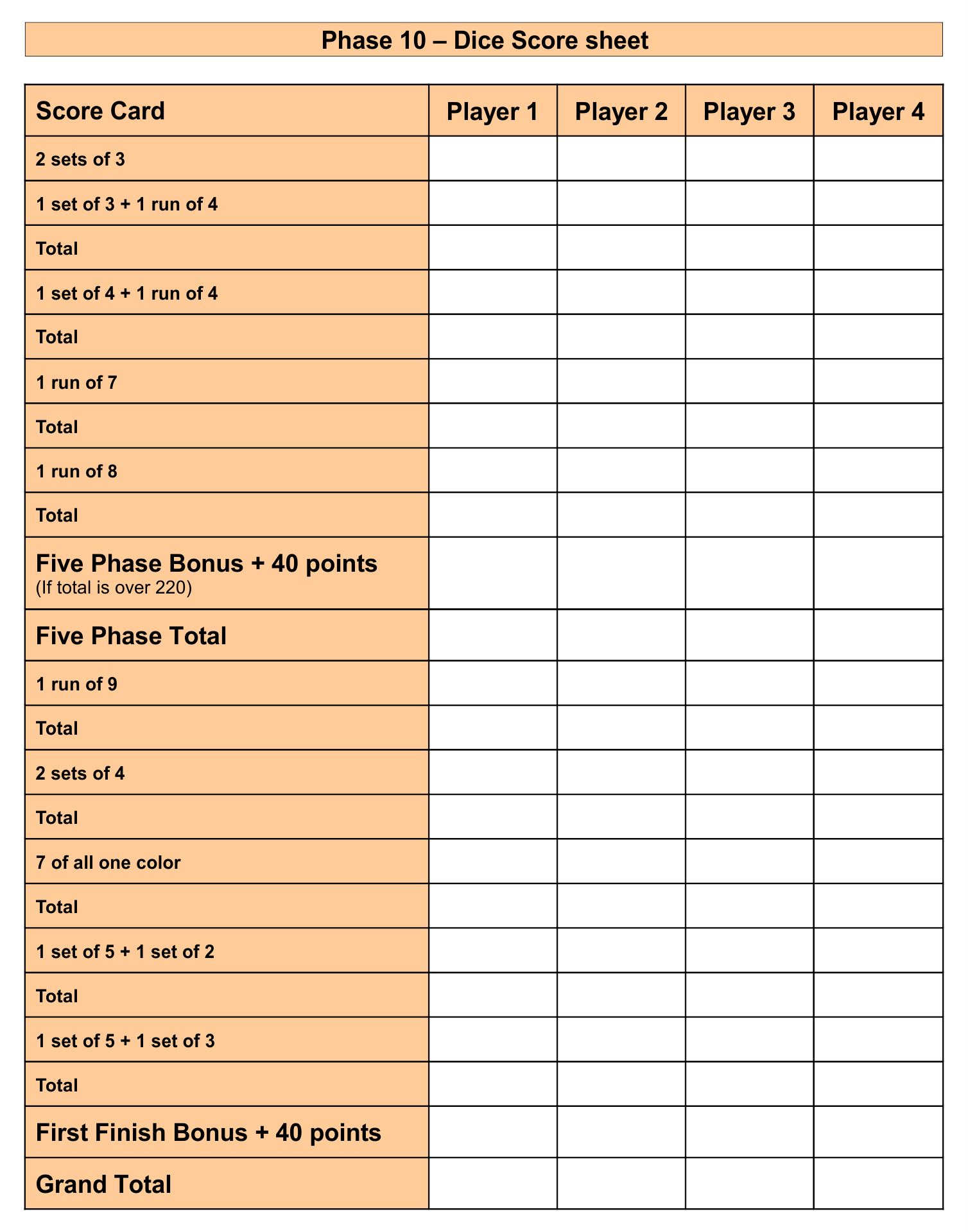 Phase 10 Dice Scoresheet Printable