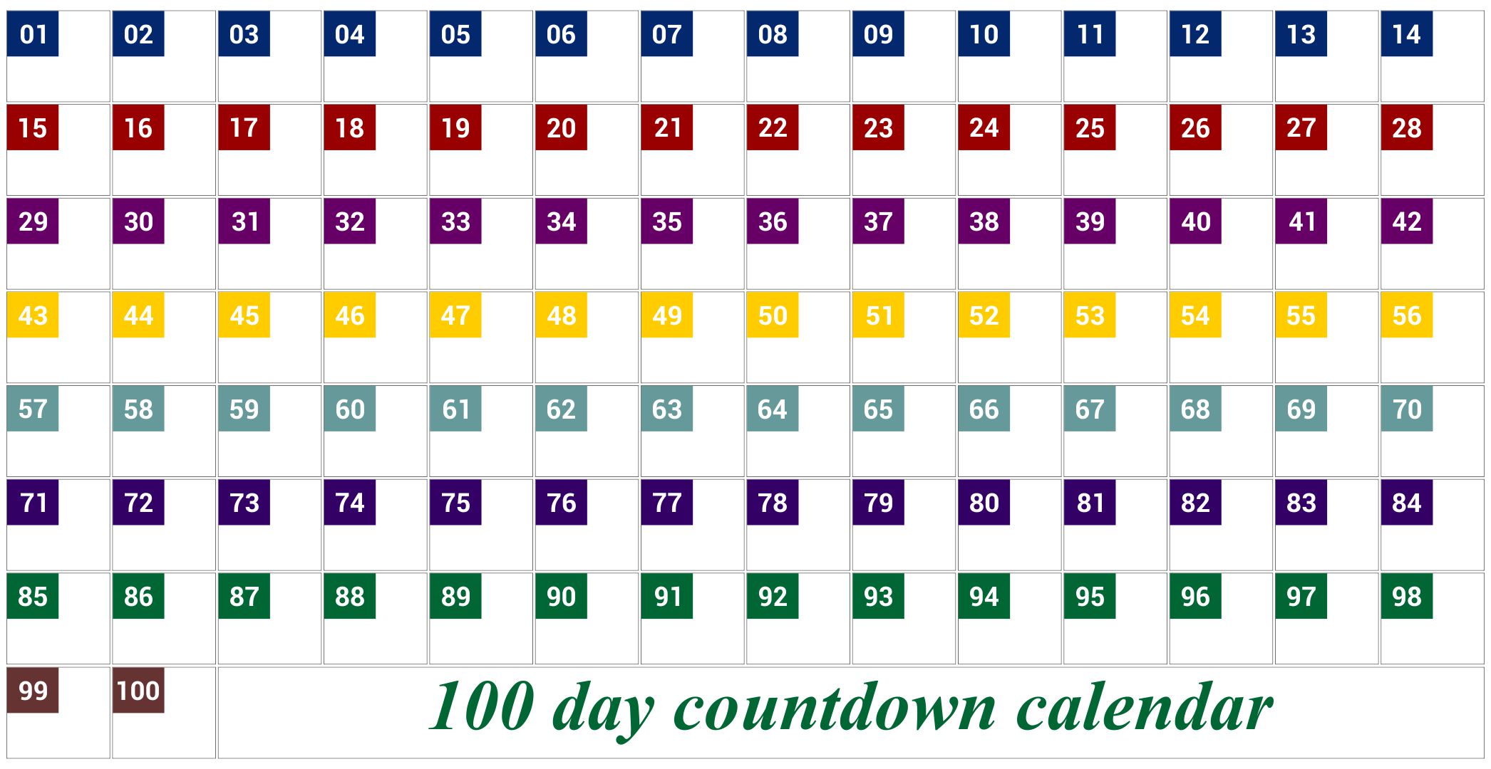 100 Day Countdown Calendar Printable
