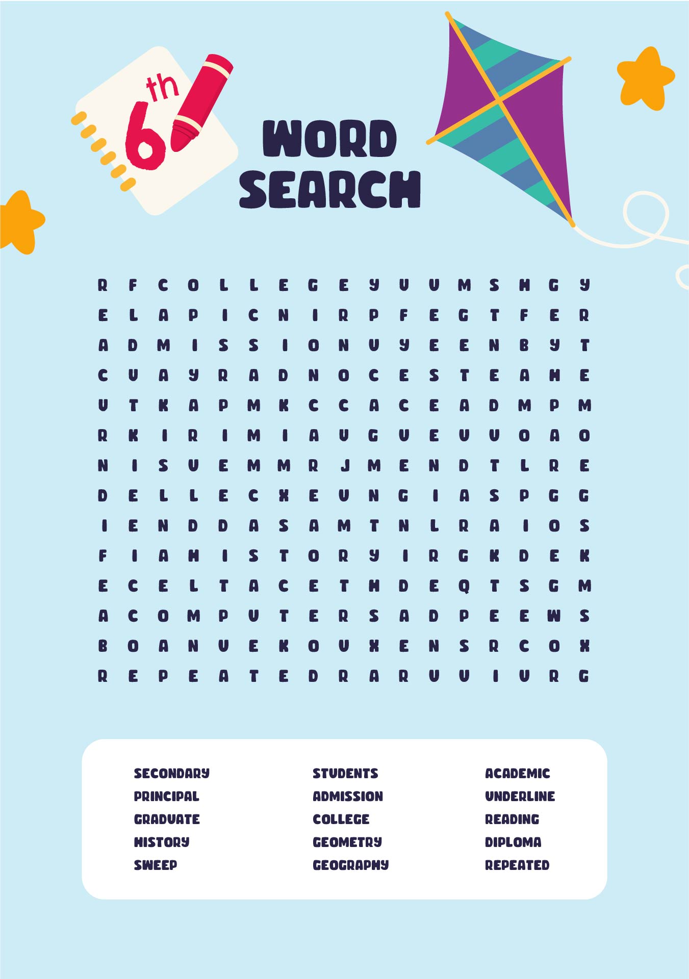 6th Grade Word Search Printable