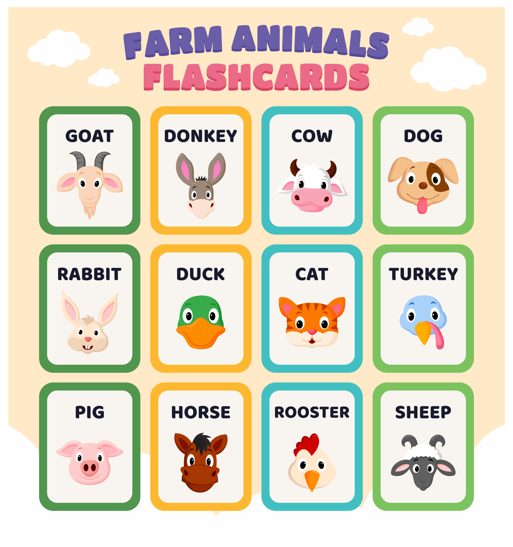 Kids Flash Cards Farm Animals Pictures