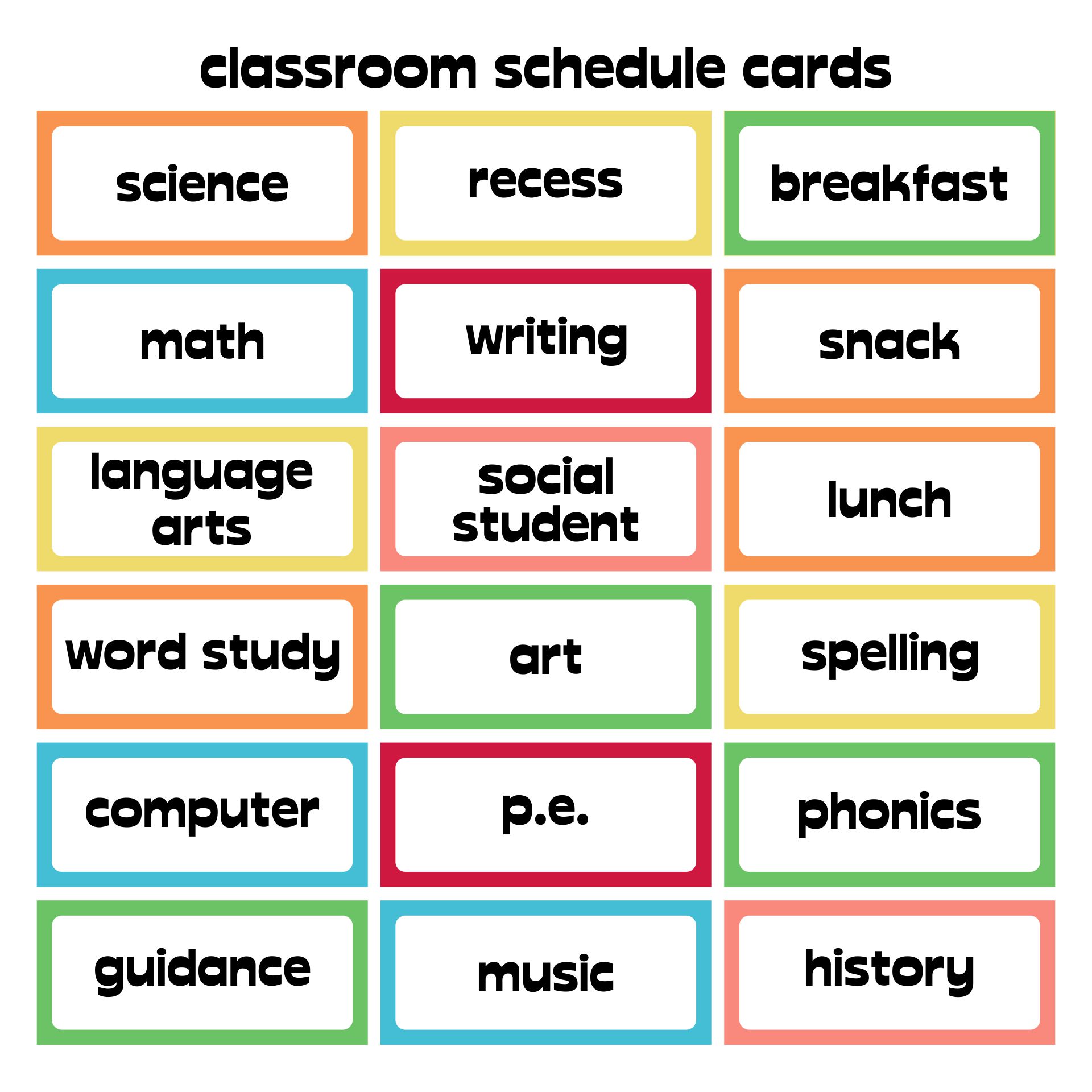 Printable Classroom Schedule Cards