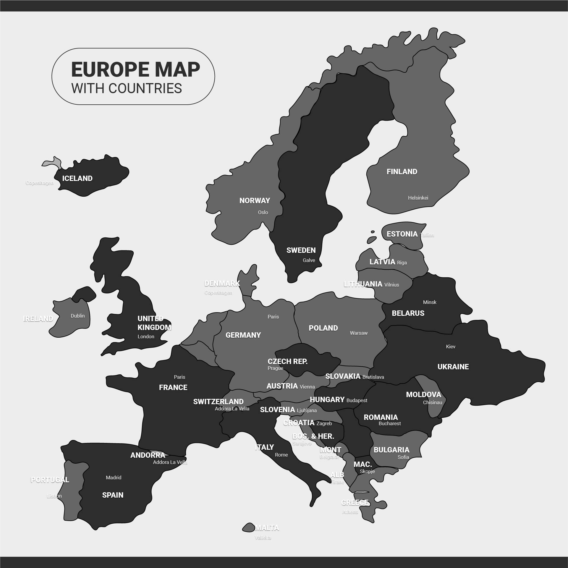 Black and White Europe Map with Countries