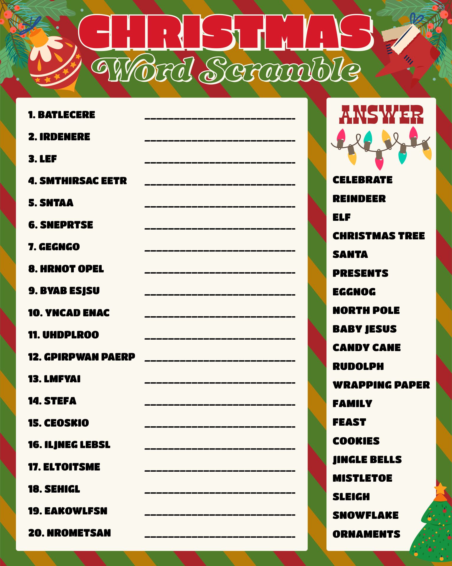 Printable Christmas Word Scramble Answersheet