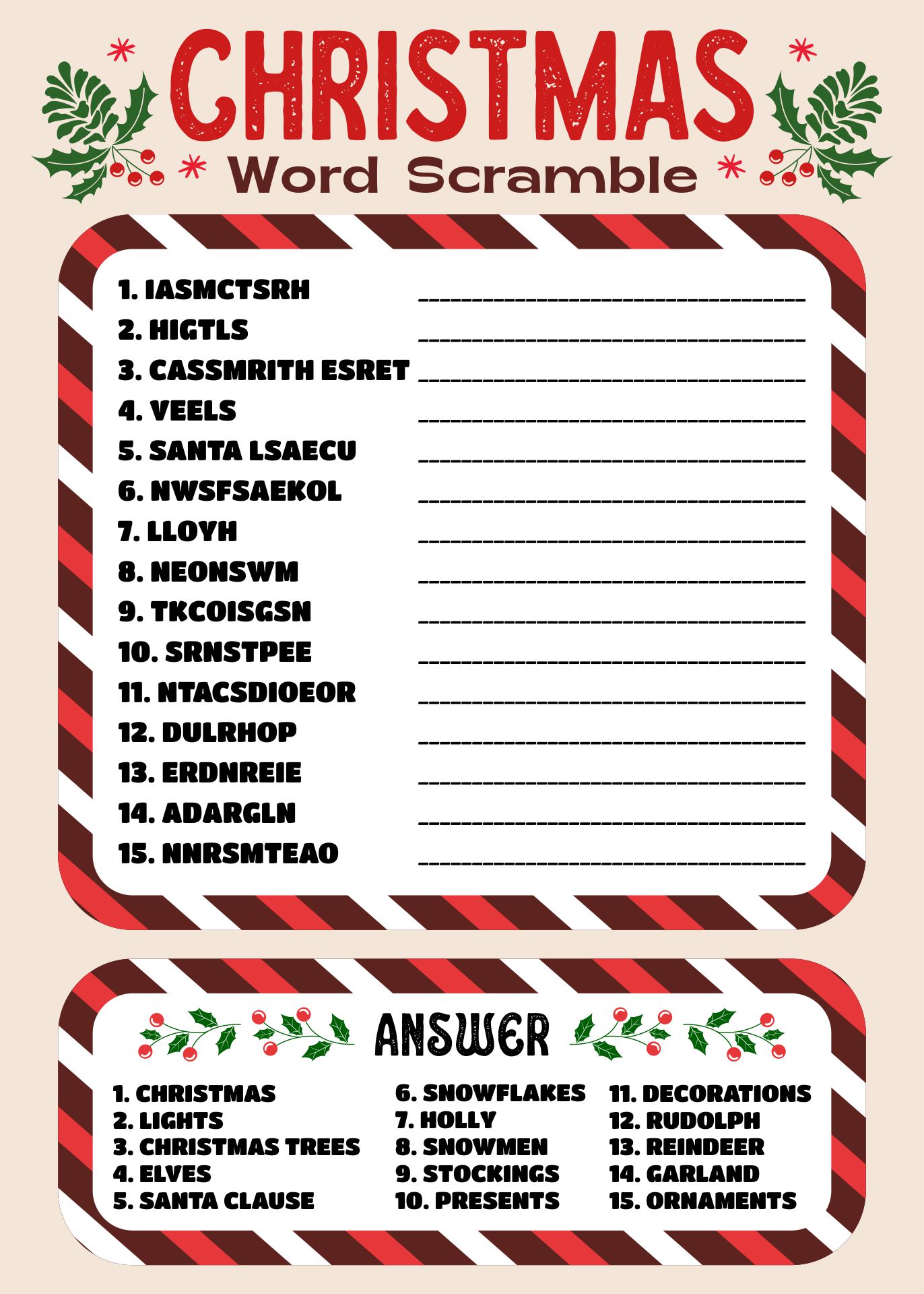 Printable Christmas Word Scramble Answersheet | Printablee