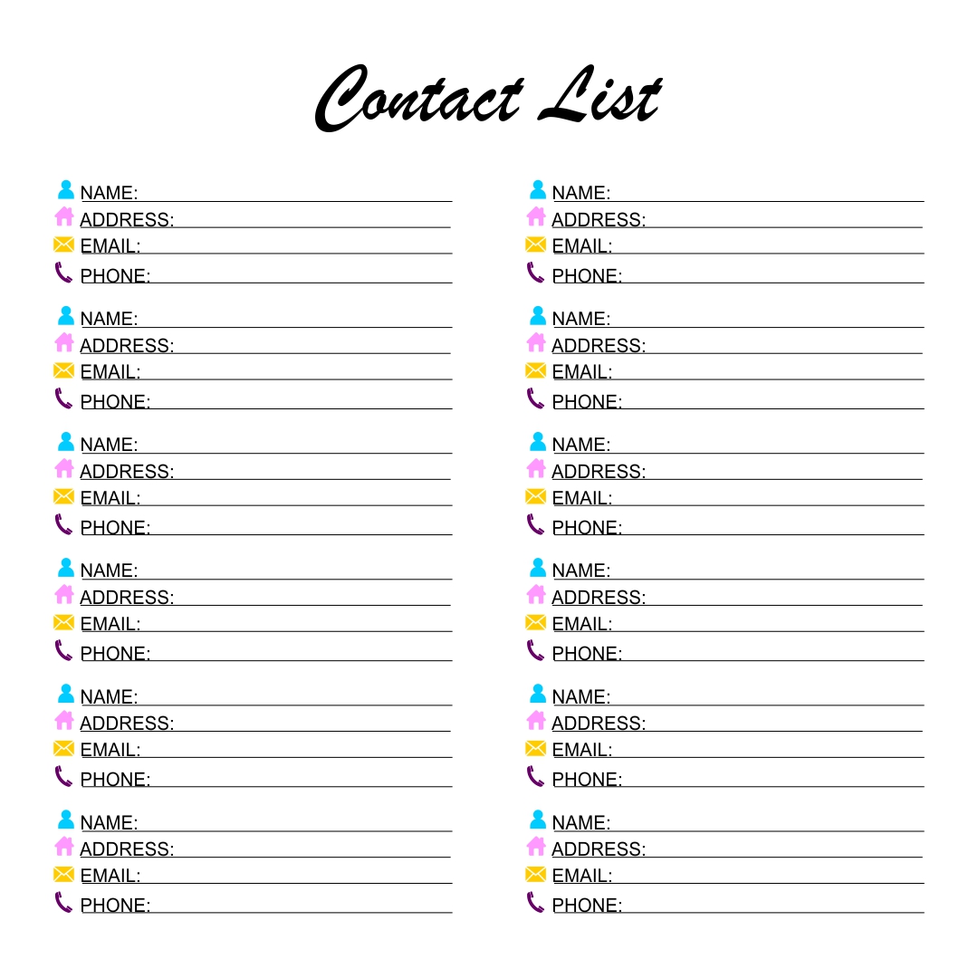 Printable Contact List Templates