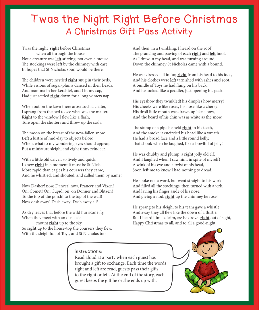 Printable Right Left Christmas Game Twas the Night Before