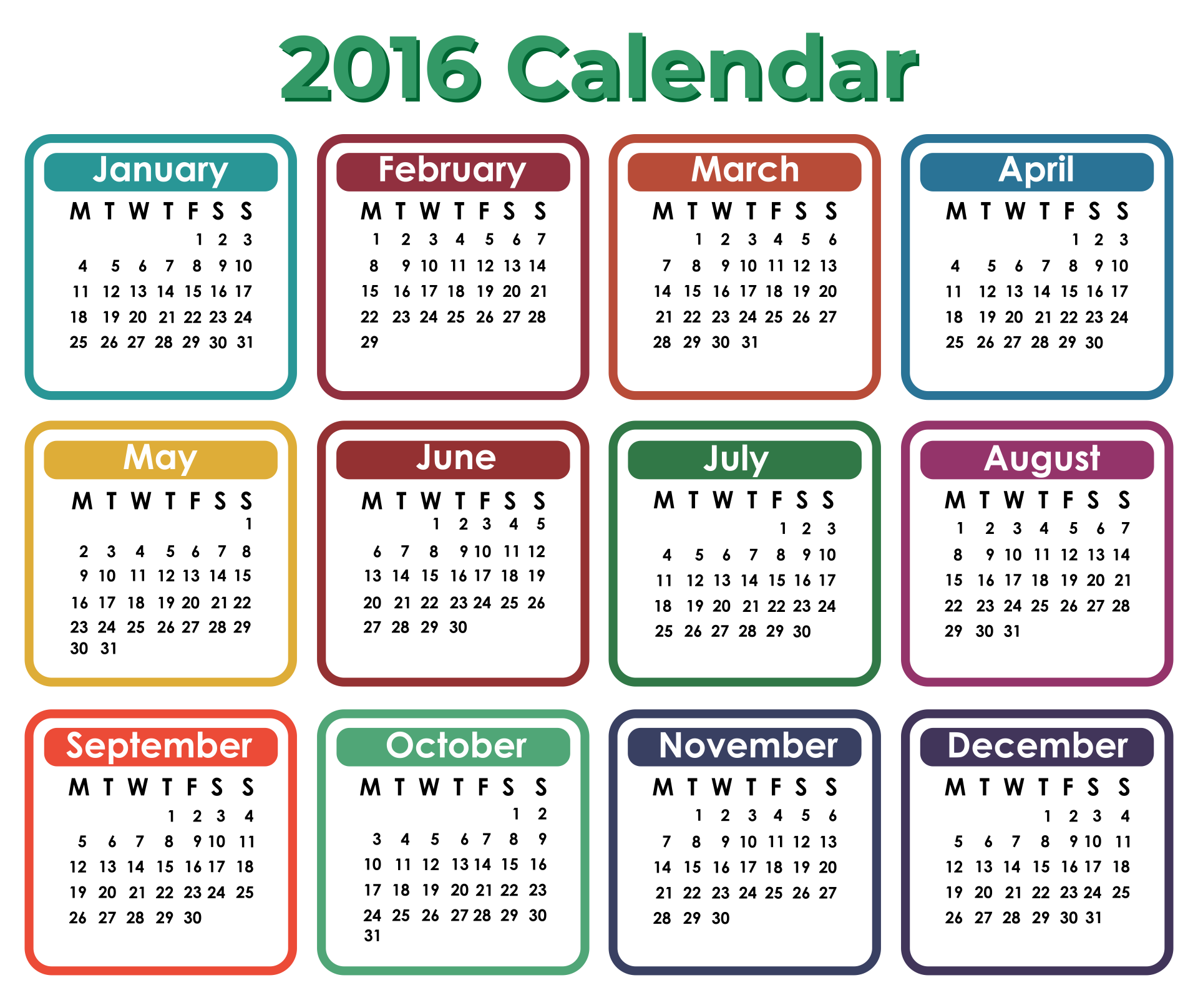2016 Monthly Calendar Large Printable