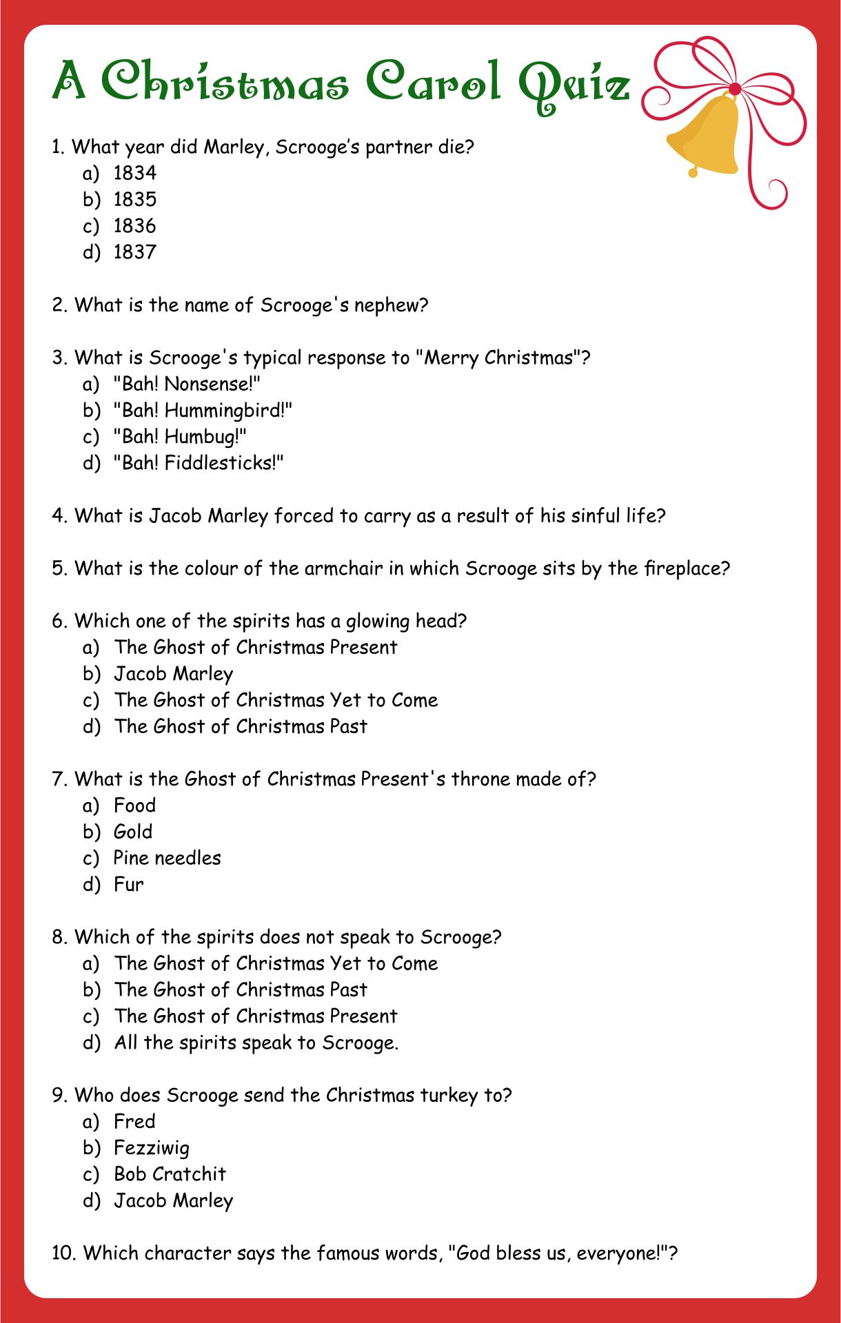 Printable Christmas Carol Quiz