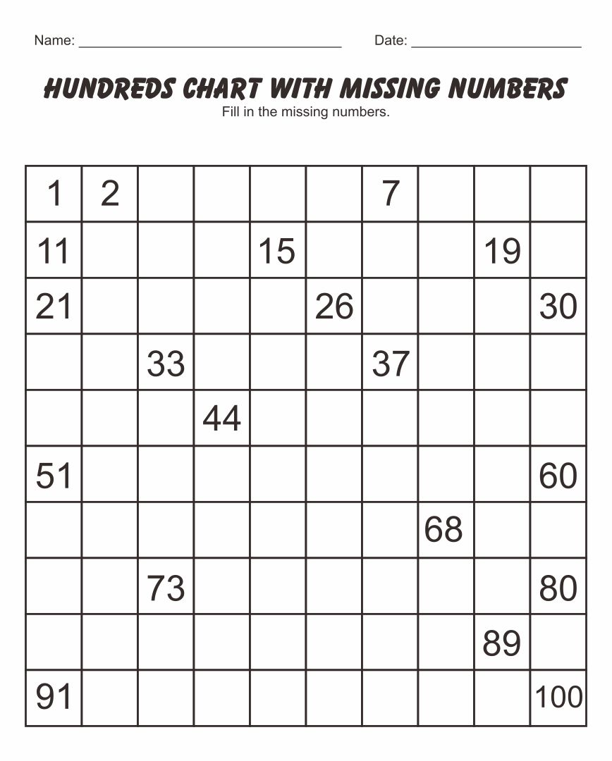 100 Chart Missing Numbers Worksheet