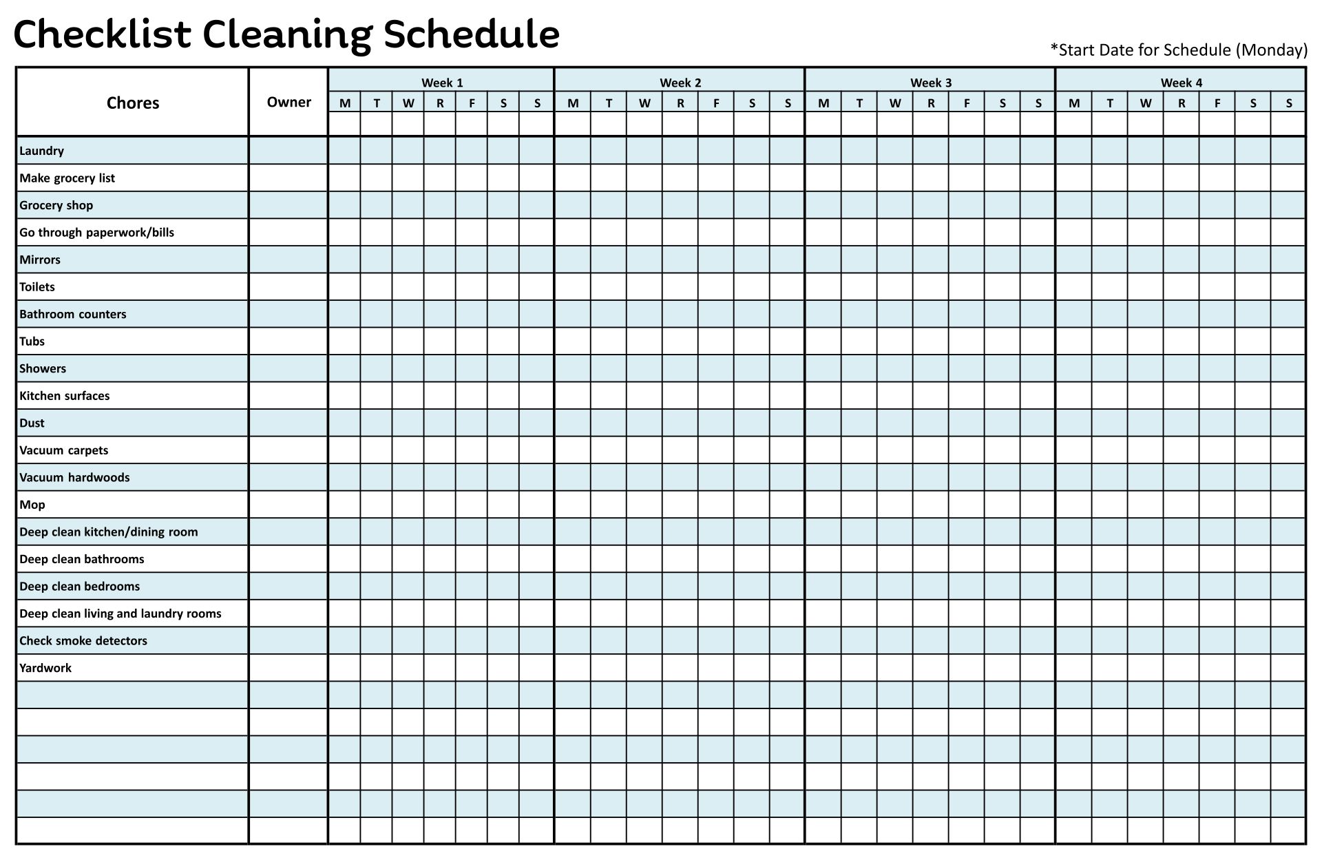 Checklist Cleaning Schedule Template