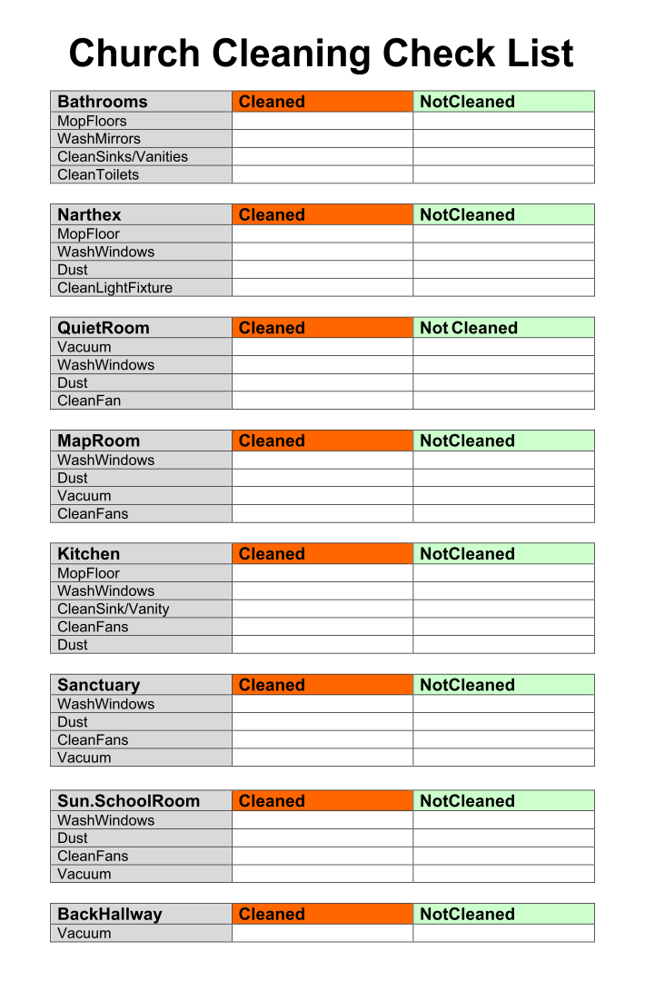 Free Printable Church Cleaning Checklist - Printable World Holiday