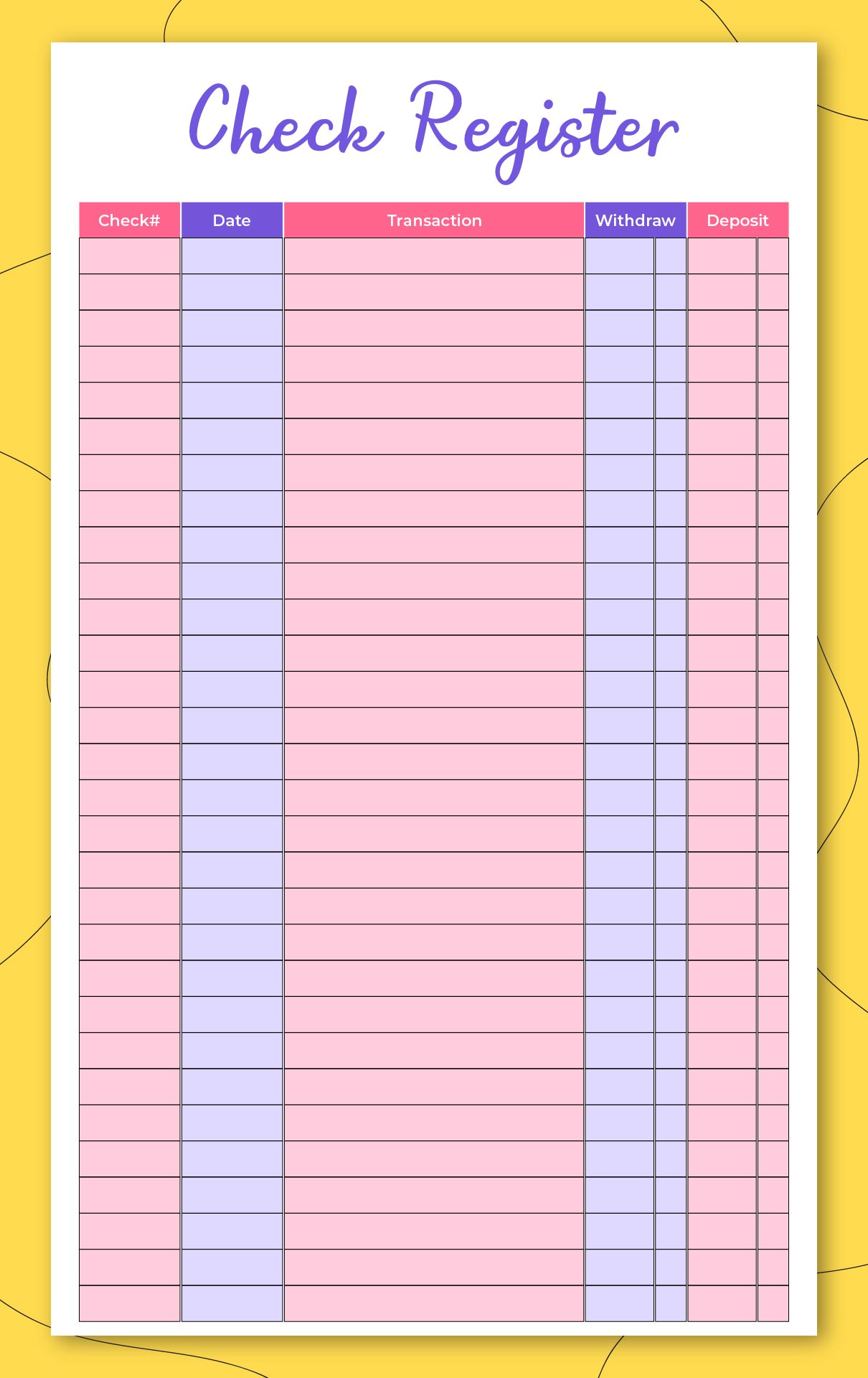 Checkbook Transaction Register Printable