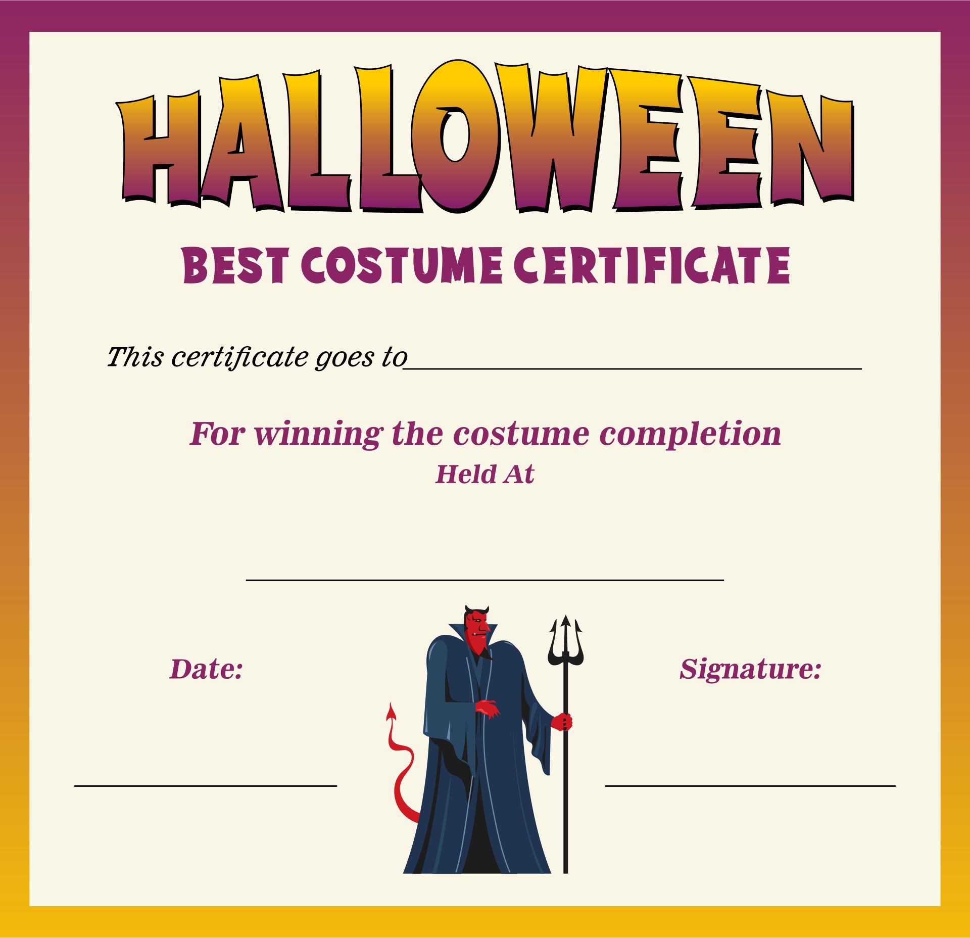 Halloween Costume Certificate Template
