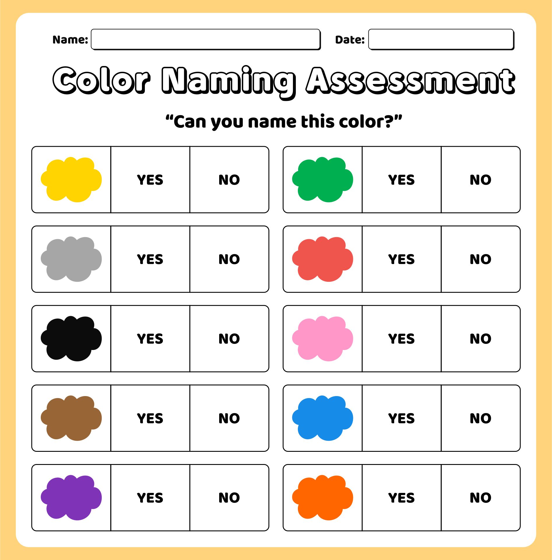 Preschool Color Assessment Sheet