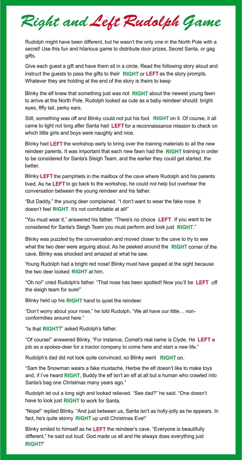 Right and Left Rudolph Game Printable