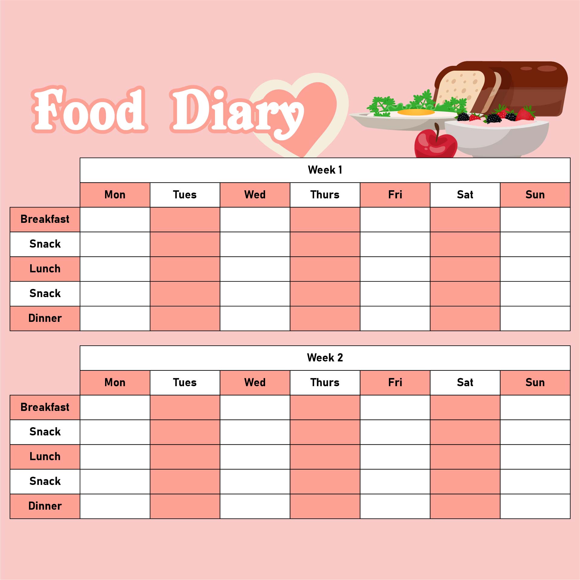 Weekly Food Diary Template Excel