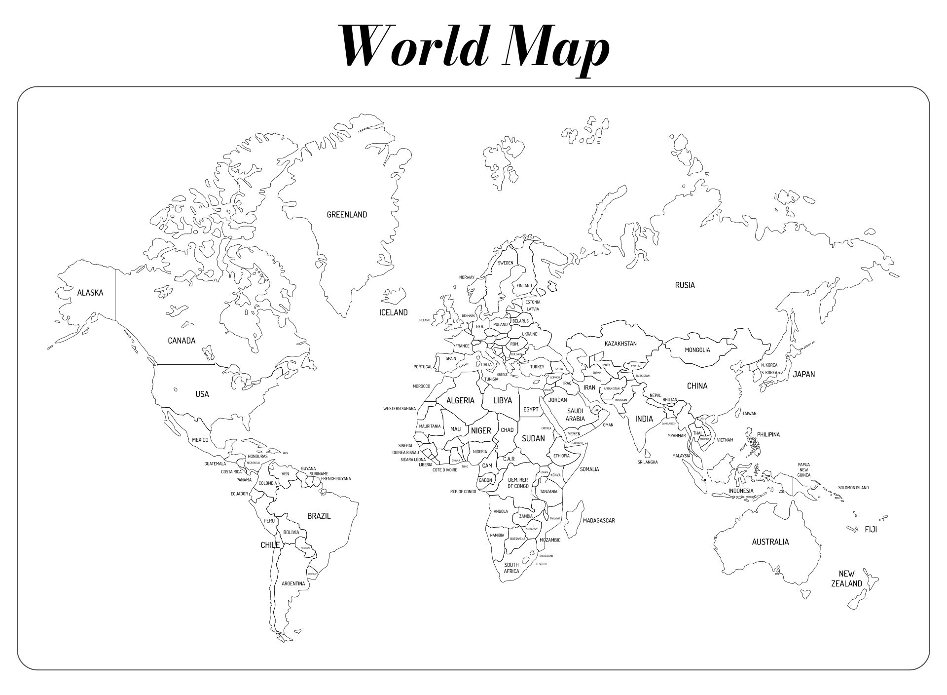Black and White Labeled World Map Printable