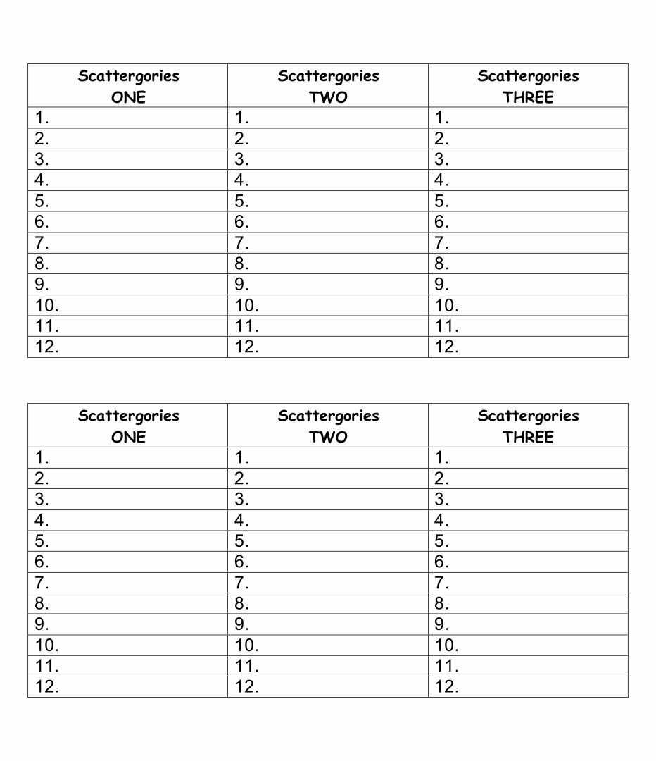 Scattergories Sheets Printable