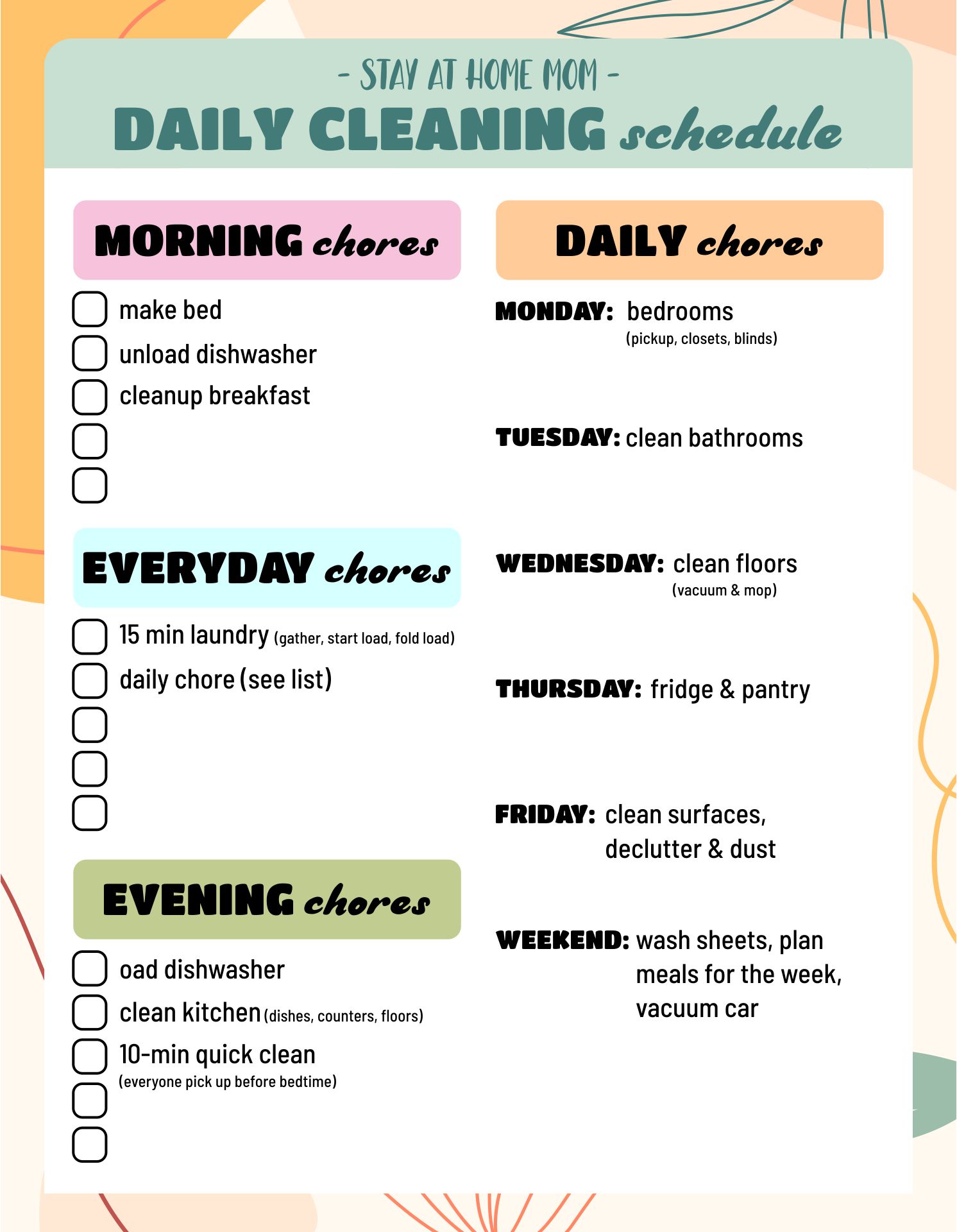Daily Cleaning Schedule for Stay at Home Moms
