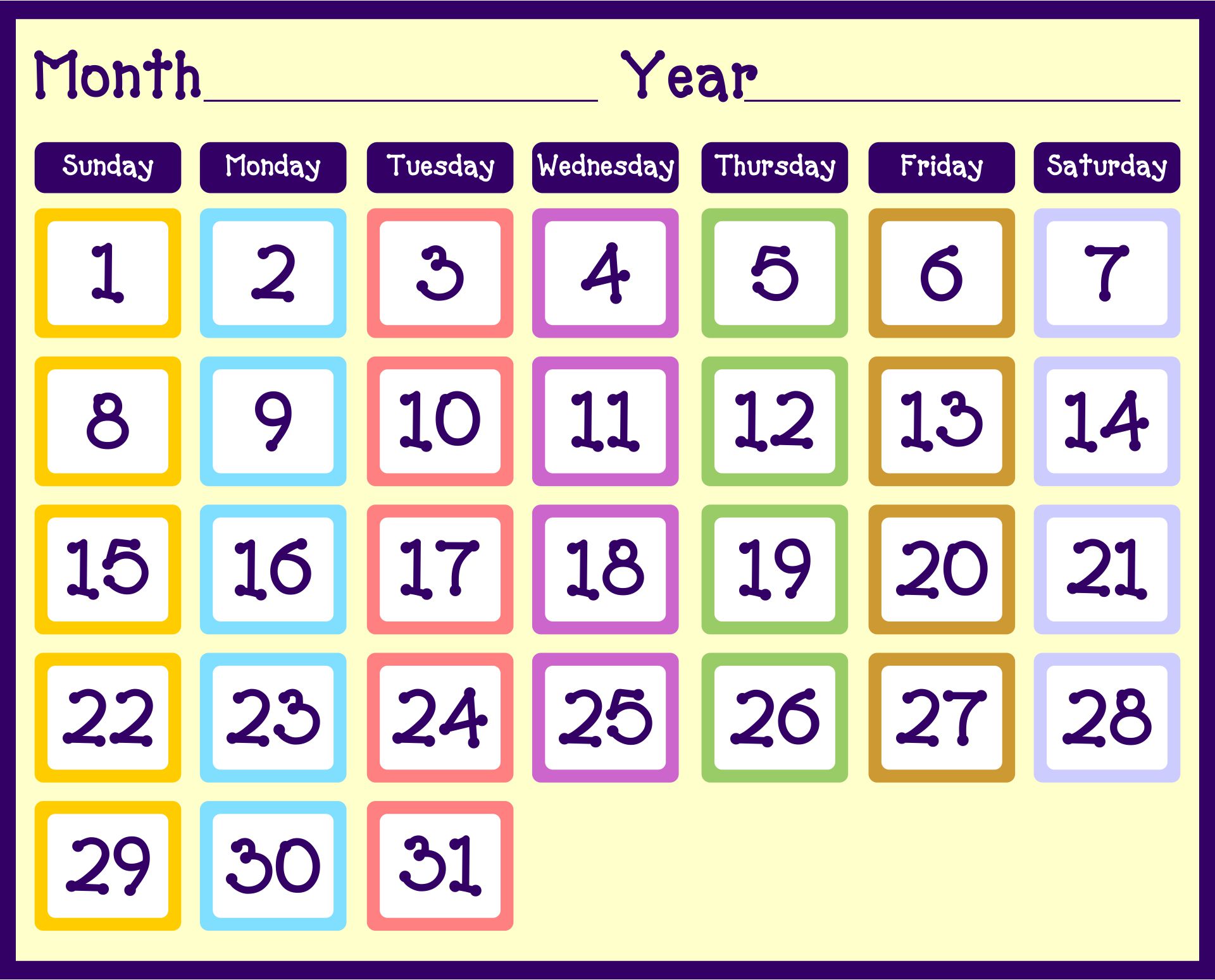 Printable Preschool Calendar Numbers