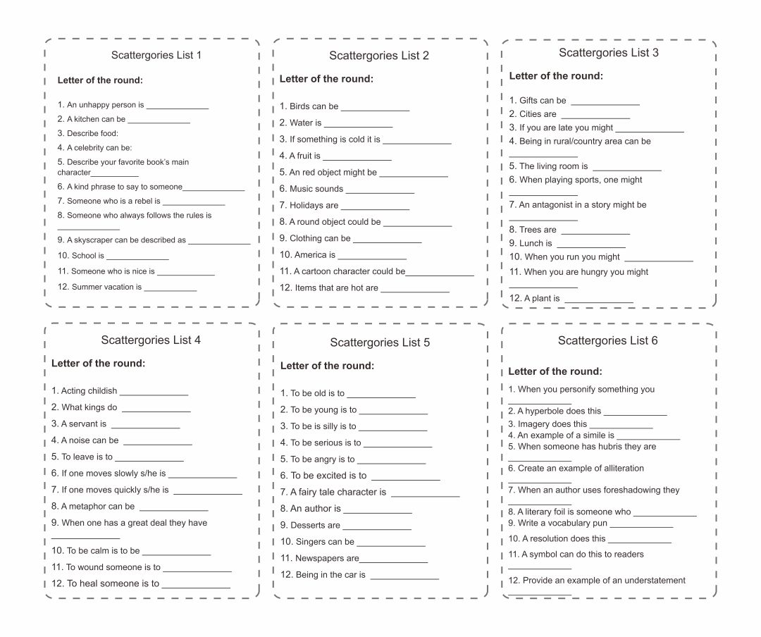 Printable Scattergories Categories List