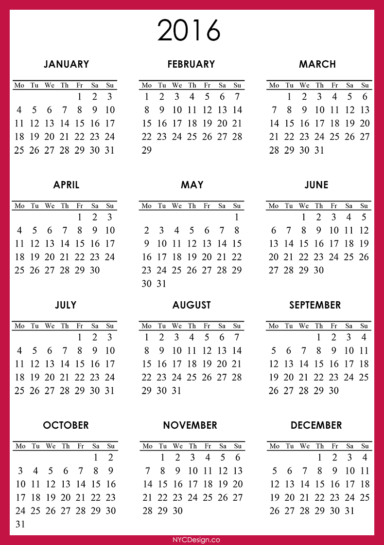 Downloadable Calendar Template 2016 from www.printablee.com