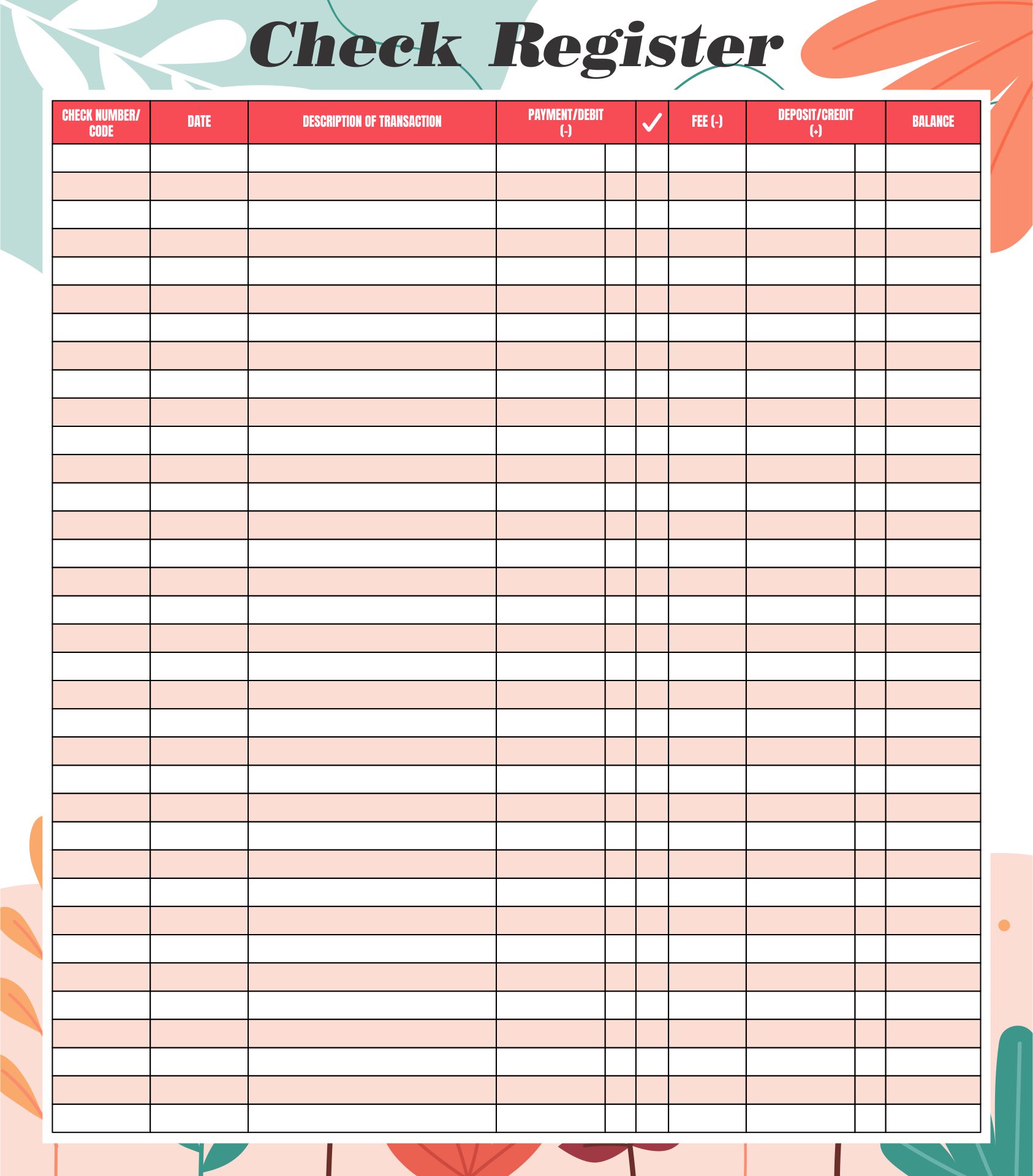 checkbook size check register printable fill in