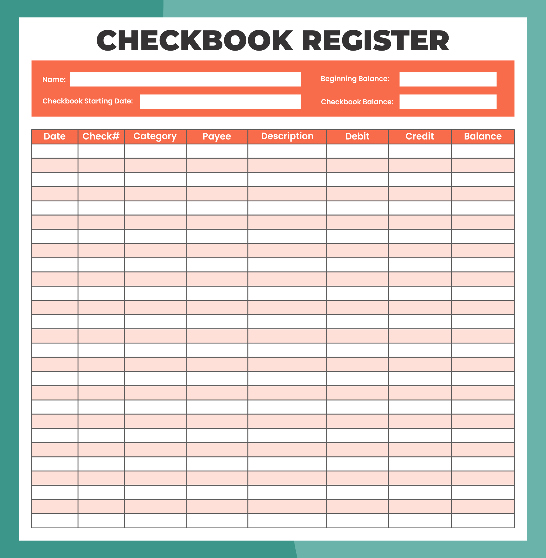 Printable Full Page Check Register for Checkbook