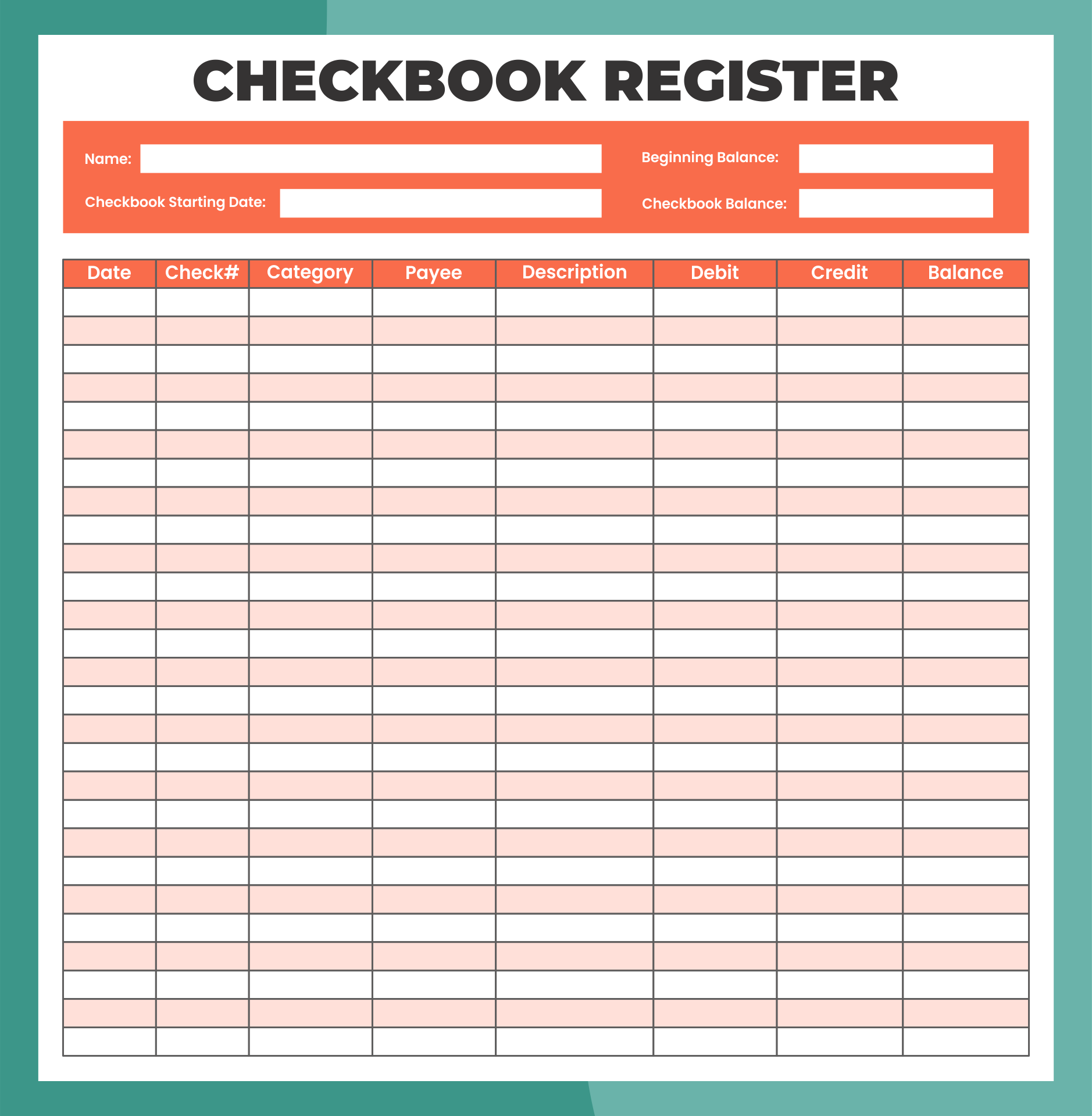 large printable checkbook register