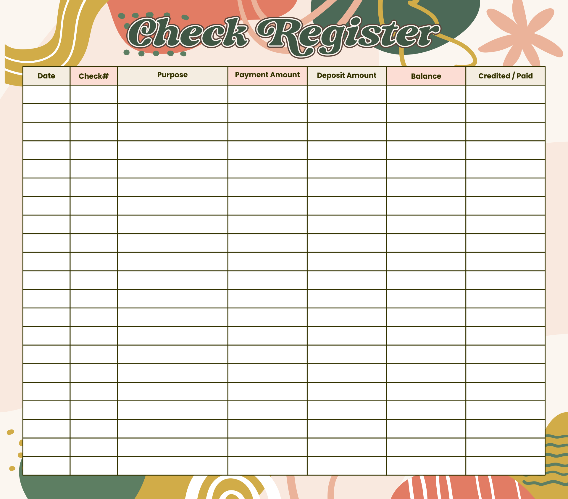 Printable Full Page Check Register Template