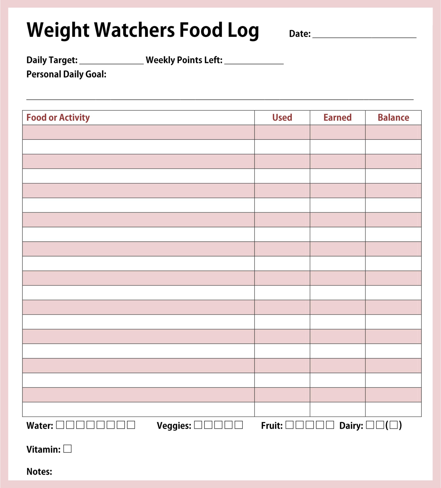 Weight Watchers Food Journal Printable