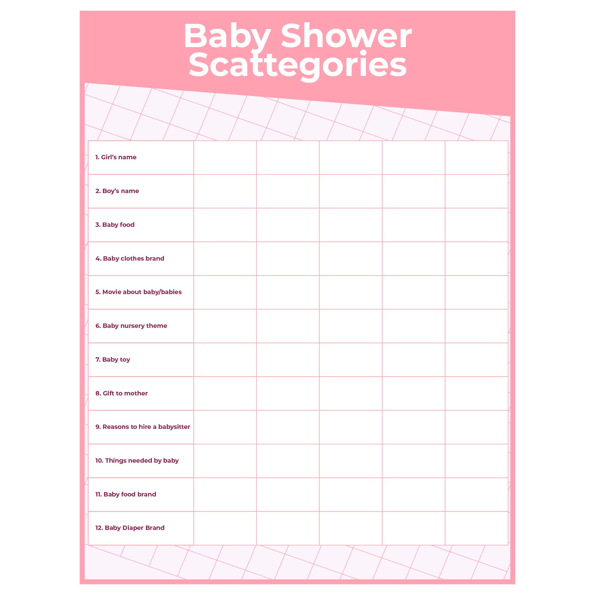 Baby Shower Scattergories Printable Free
