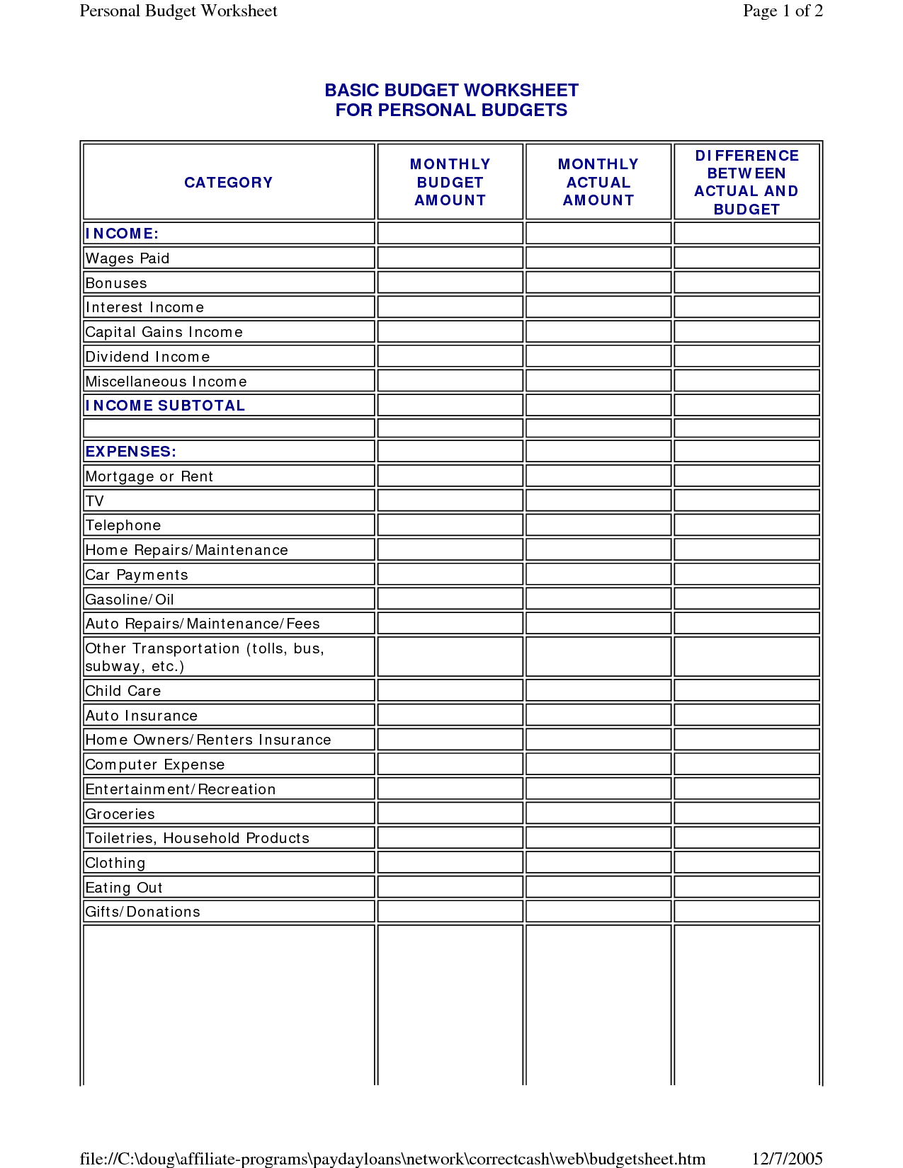 Financial Worksheet Template from www.printablee.com
