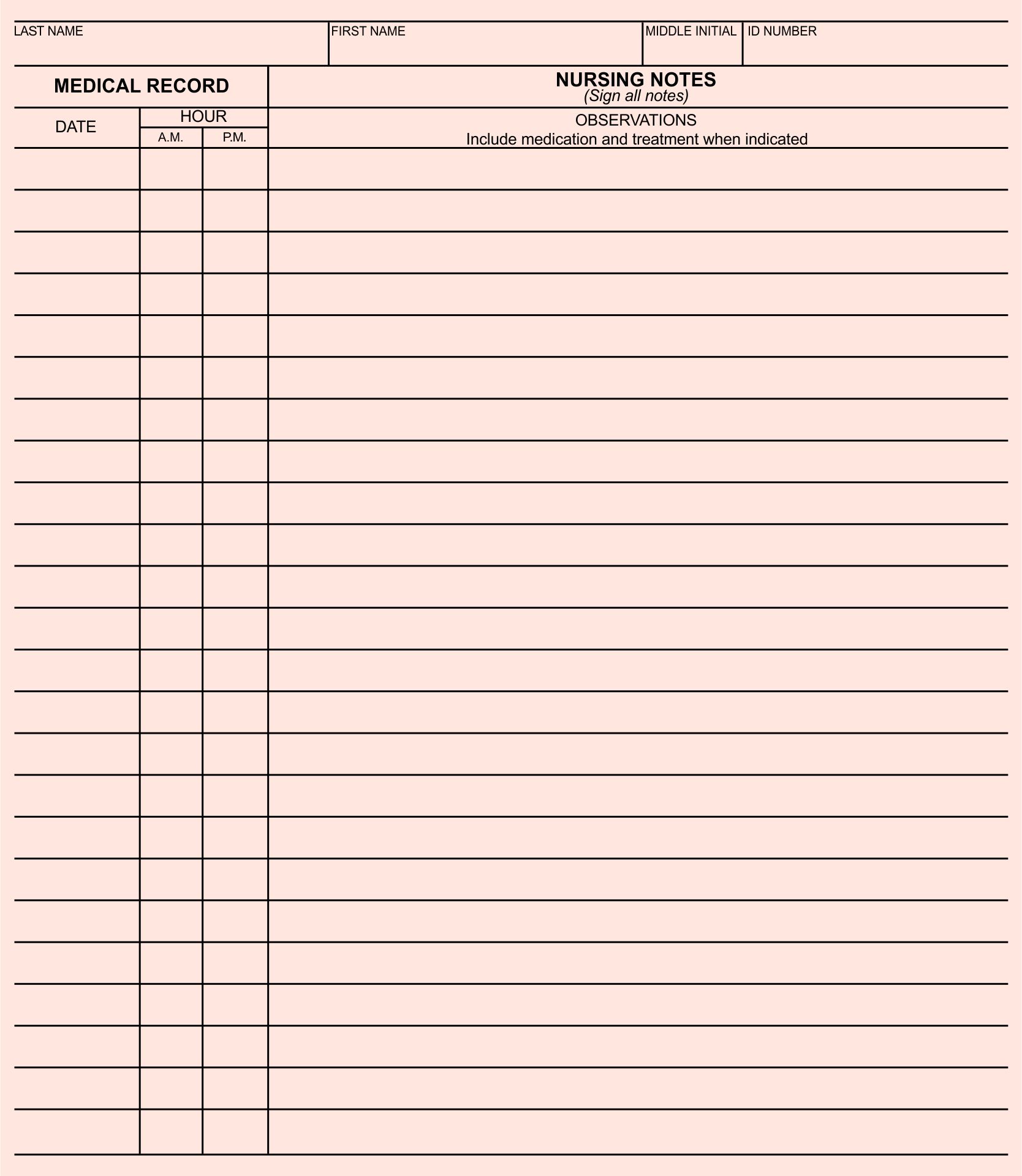 Blank Nurses Notes Form