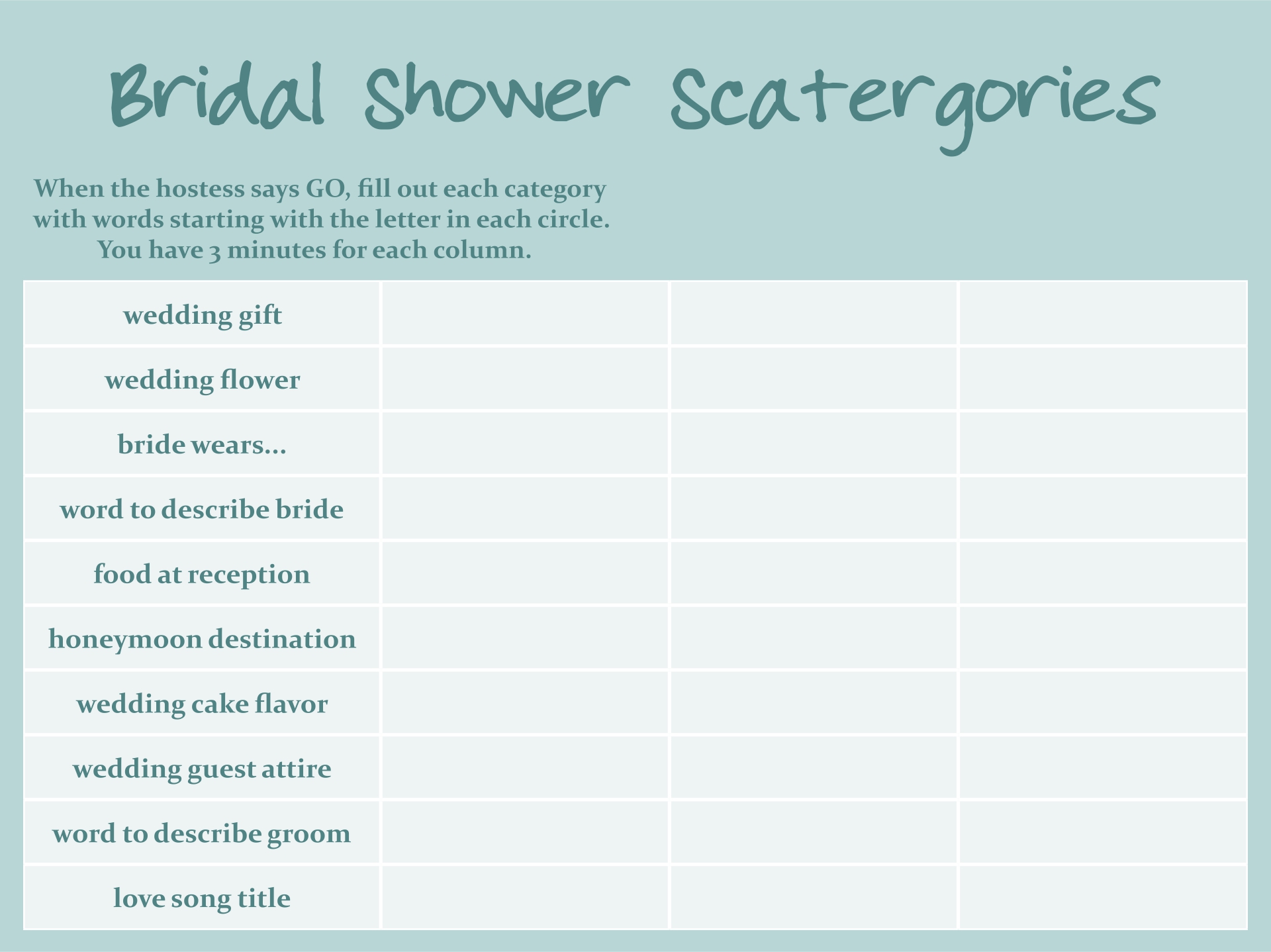 Bridal Shower Scattergories Game